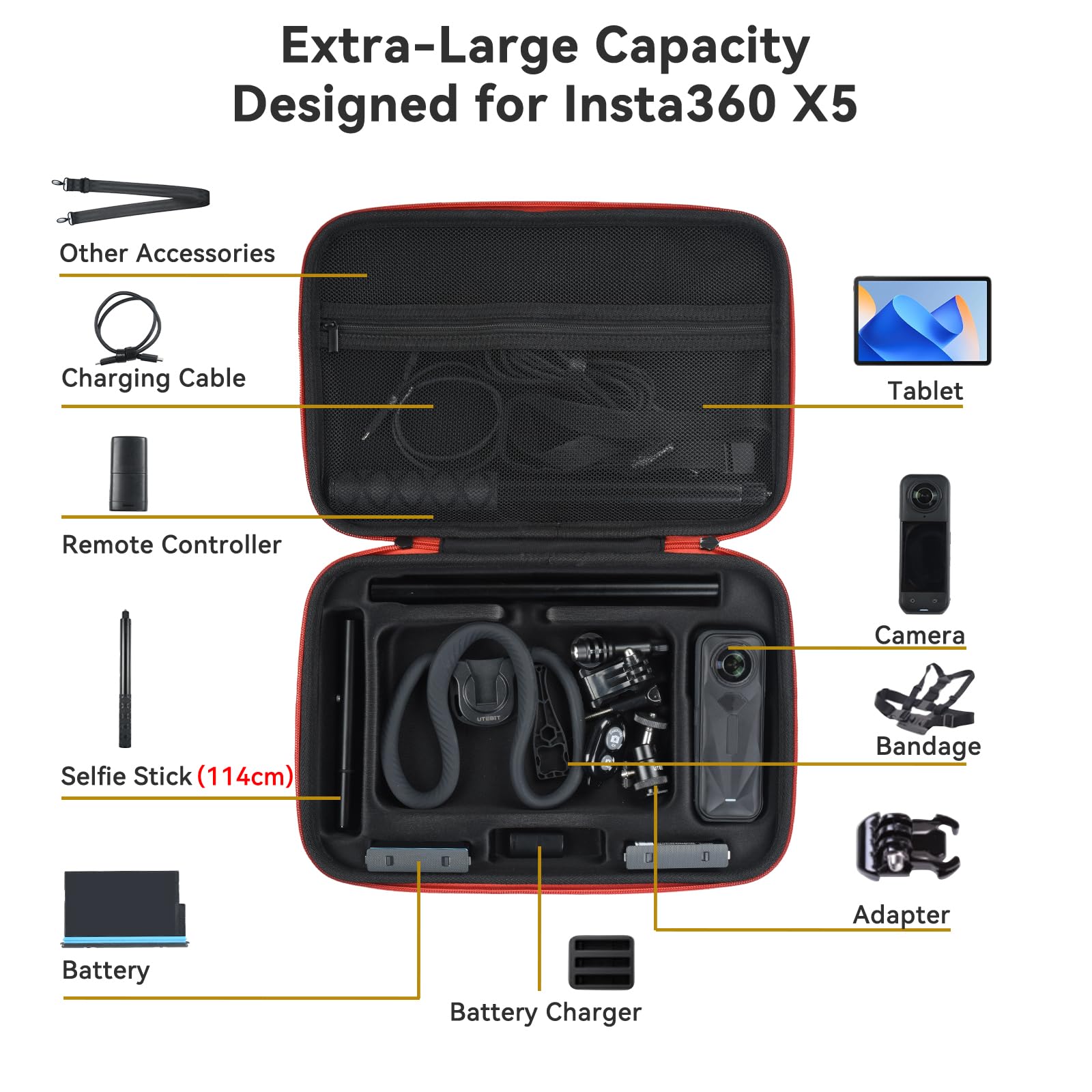 UTEBIT Borsa per valigie Insta360 X5, borsa a tracolla impermeabile portatile con tracolla, custodia a prova di caduta per accessori Insta 360 X5