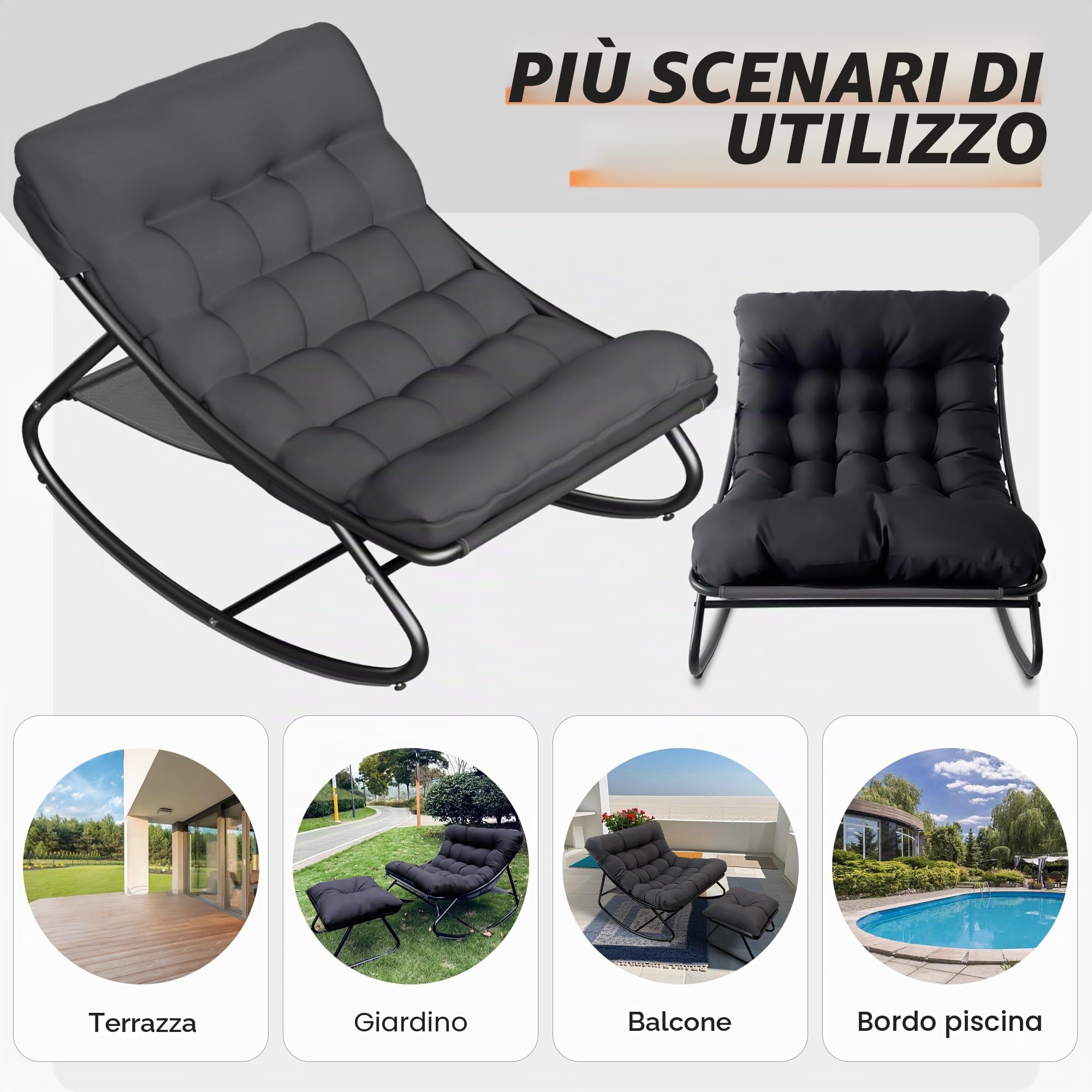 Sedia a dondolo per esterni, con sgabello, da giardino, con imbottitura, per soggiorno, comoda, grande, portata 150 kg, per giardino, terrazza, balcone (grigio)