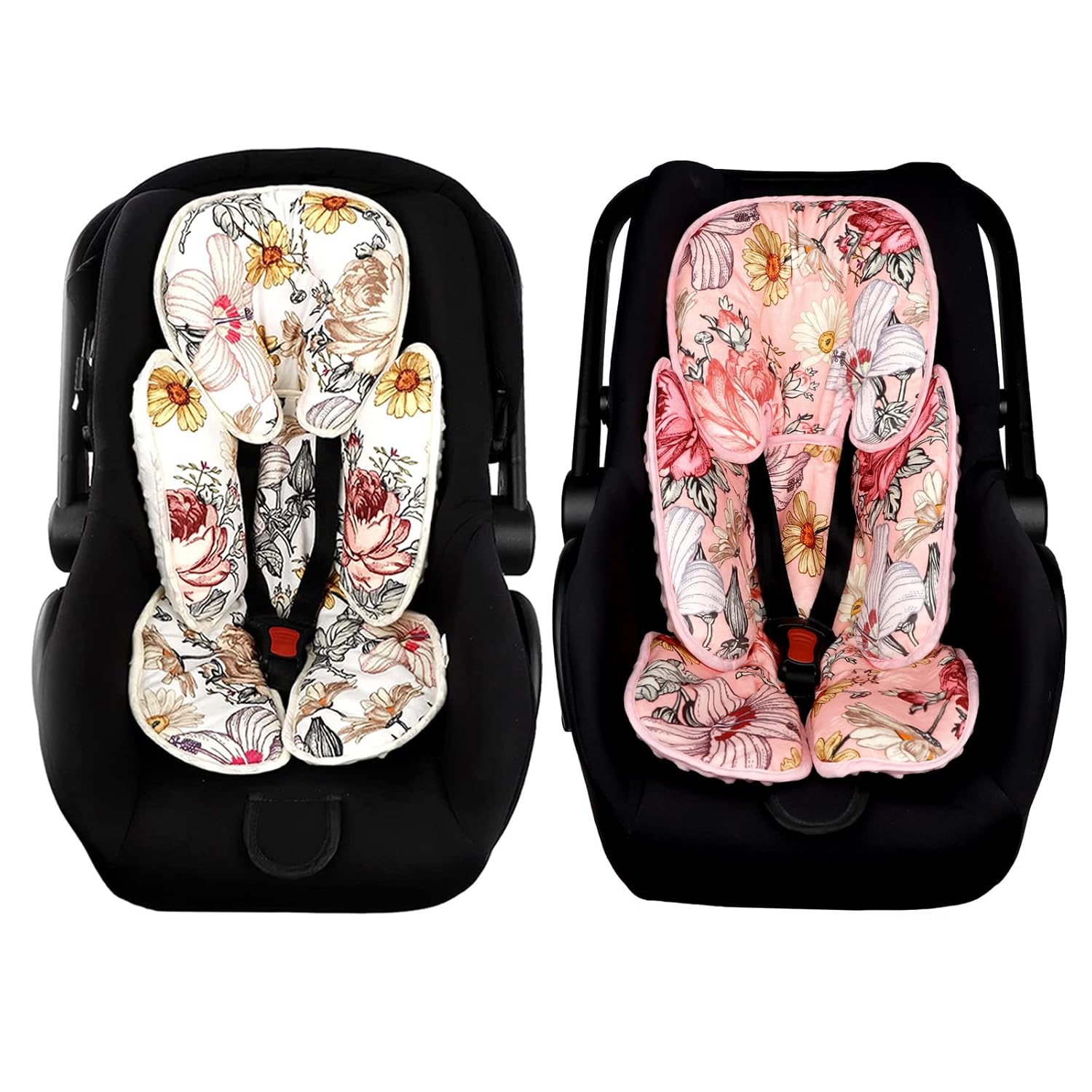 Two Sets of Floral Baby Car Seat Head and Body Support,2-in-1 Reversible CarSeat Insert,Soft Cushion for Stroller, Swing, Bouncer, Vintage Flowers