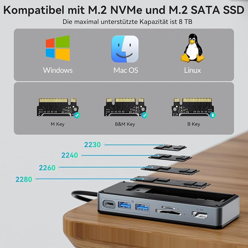 Yottamaster 8-in-1 USB-C Dokkoló M.2 NVMe SSD Házzal, 10Gbps Adatátvitel, 4K@60Hz HDMI, 100W PD Töltés, Kártyaolvasó, Windows/Mac