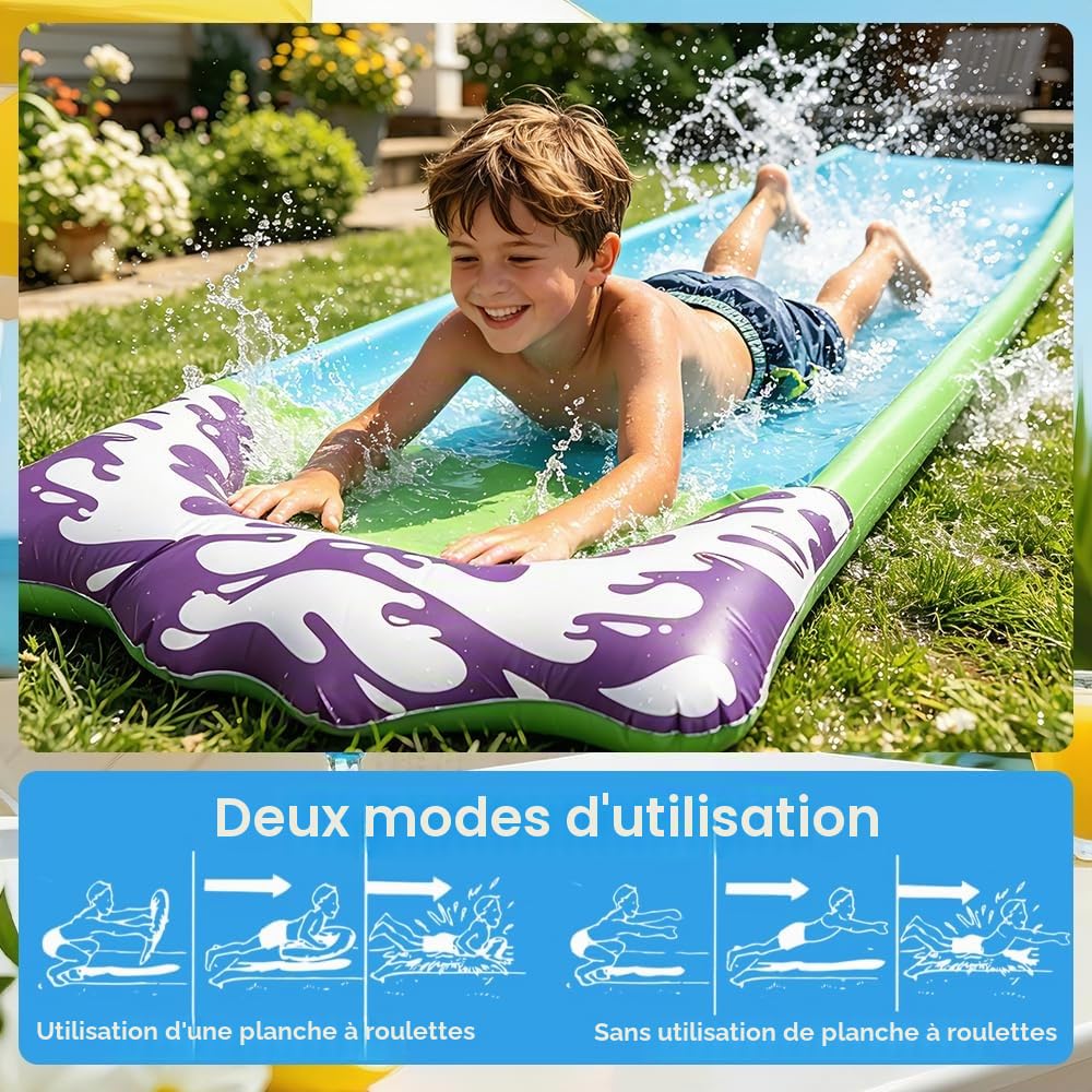 15.8 ft/480 Toboggan Aquatique, Toboggan pour Pelouse avec 2 bodyboards, Toboggan de pelouse d'été avec arroseur intégré pour Jeux d'eau en Extérieur, Fête D'été, Jardin Pelouse (Bleu)
