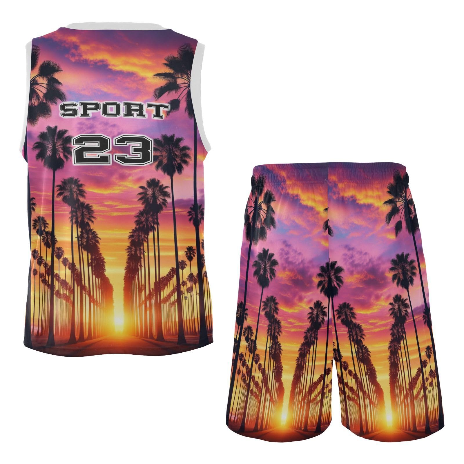 FLildon Palm Trees Sunset Landscape Boys Basketball Jersey Set Tank Top Shorts Tracksuit Sport Training Suit for Kids