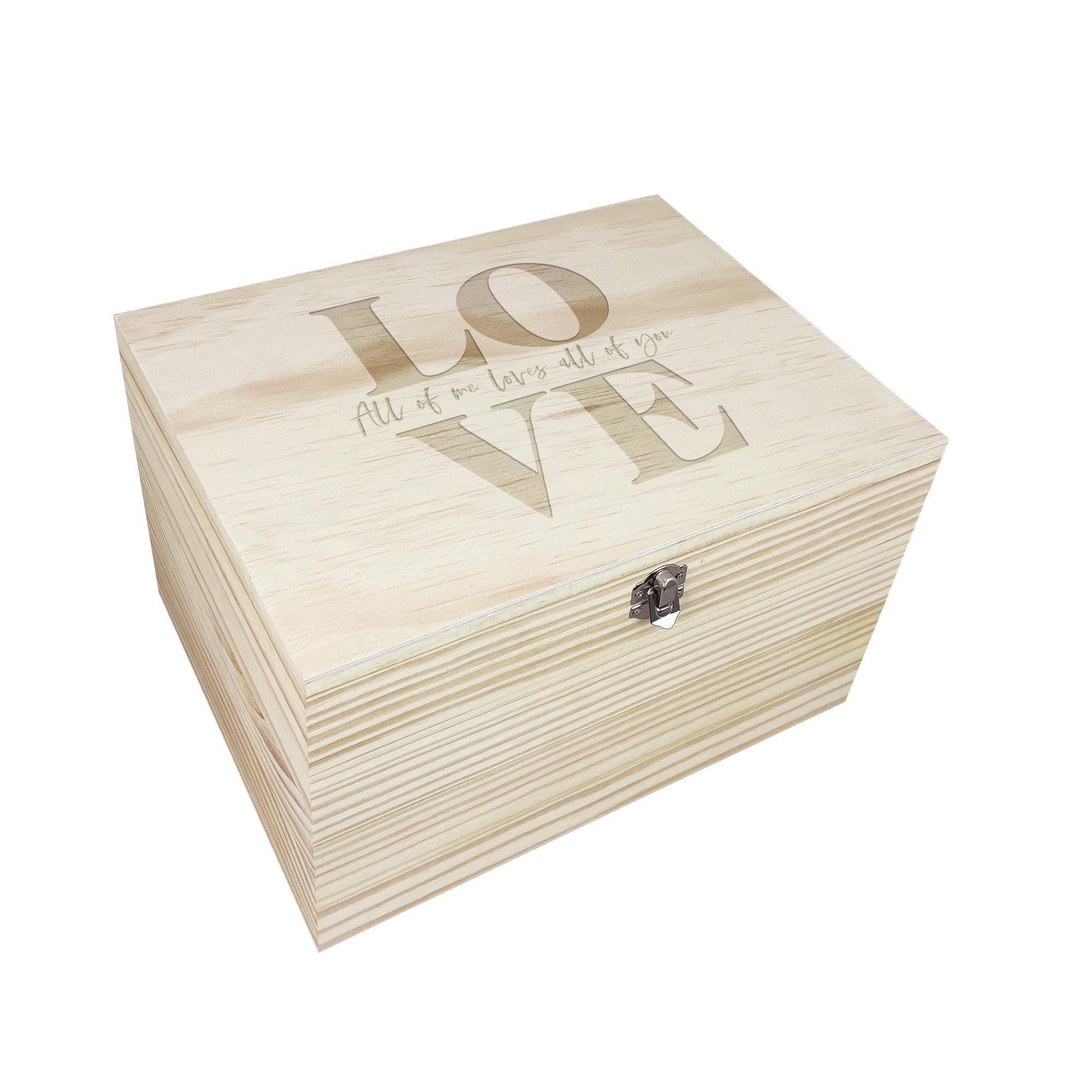 "LOVE" Engraved Wooden Couples Memory Box | "All of Me Loves All of You" Pine Keepsake Box | Romantic Anniversary, Wedding & Valentine’s Day Memento Storage | W30cm x D23cm x H18cm