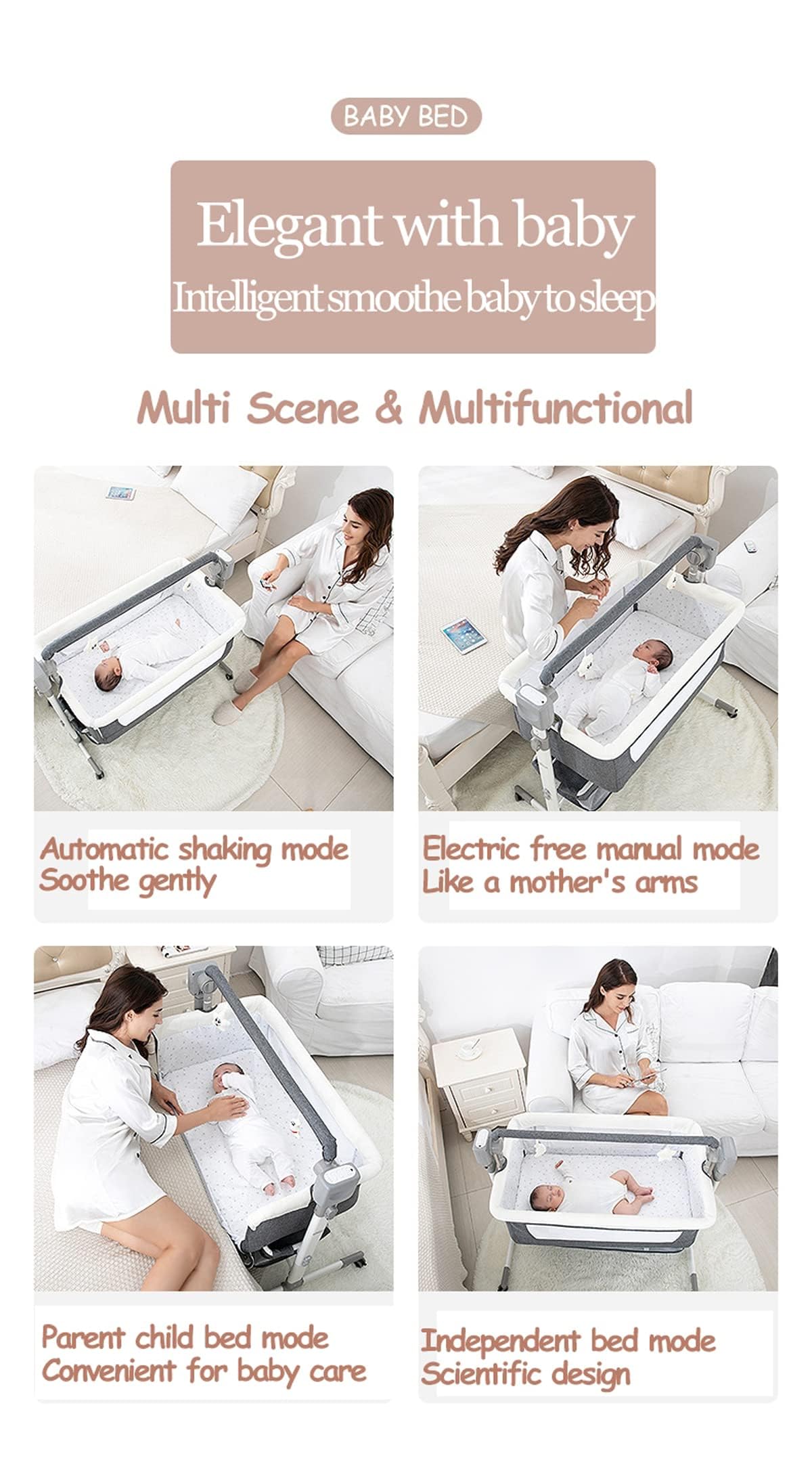 Eléctrico Bluetooth Inteligente Cuna Colecho Bebe, Minicuna Colecho Bebe Plegable Convertible, Cuna Next to me con Colchon, Música, 5 Engranajes de Balanceo y Control Remoto (601 Khaki)