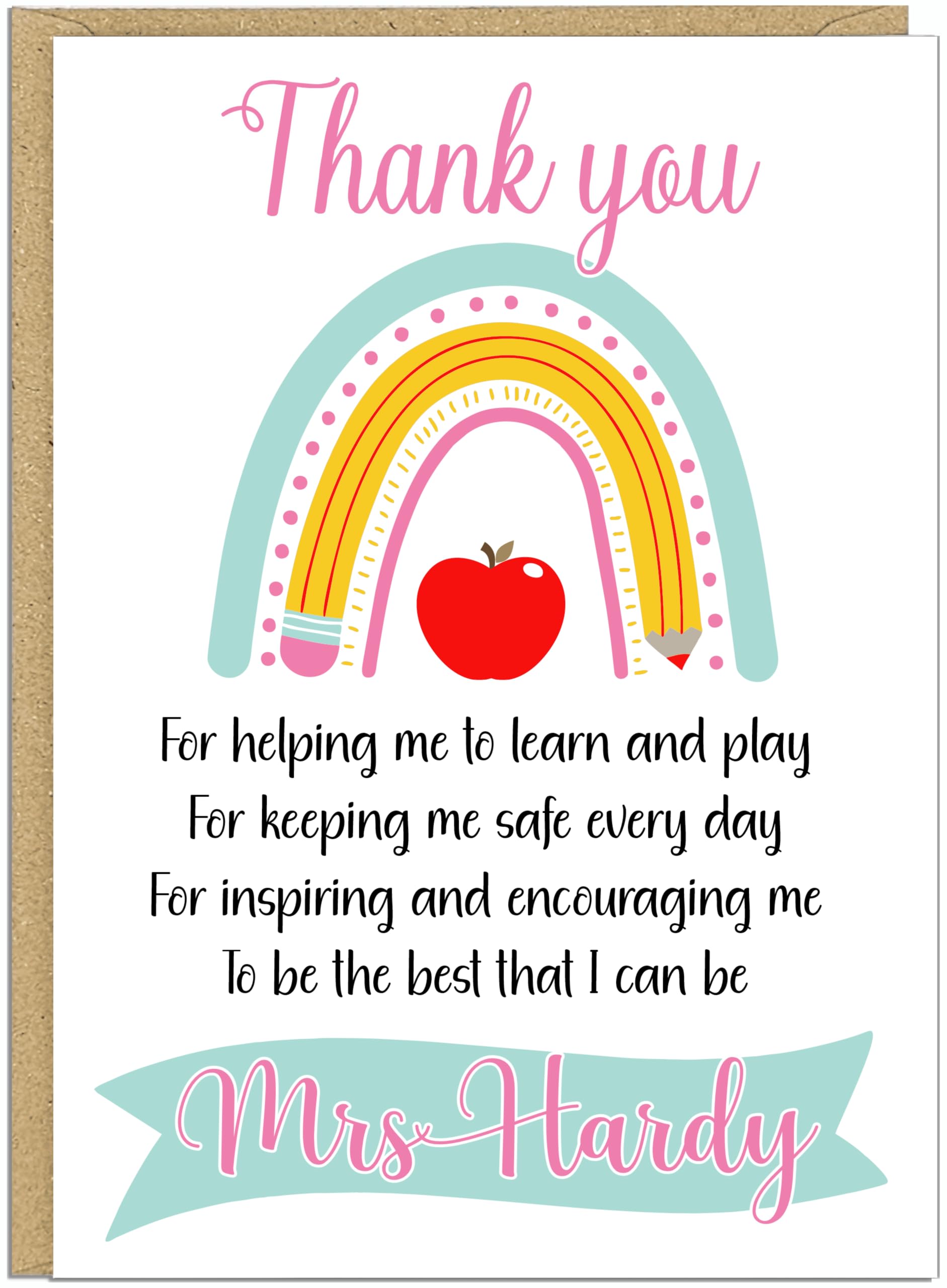 Personalised Rainbow Teacher Cards - Thank You for Helping Me Learn & Play Custom Name Banner School Staff Teaching Assistant Appreciation Gift, Design 1
