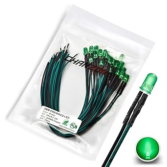 [UL Wire] Chanzon 20 pcs Pre-Wired 5mm Green Lens LED Diode Green Lights (Round Diffused Frosted Lens DC 12V ) with 560 ohms 1/4W Resistor and 24awg Wire Indicator Light Emitting Diodes Lighting