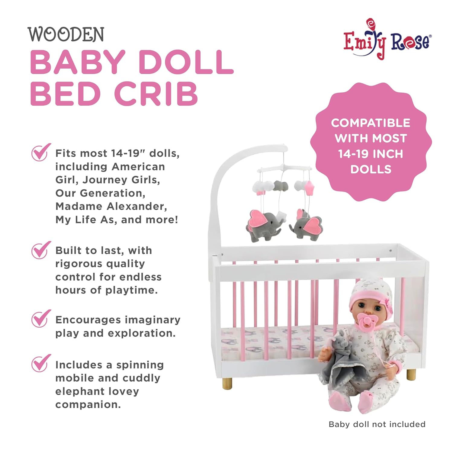 Baby Doll Crib for 14"-19" Dolls with Spinning Mobile Elephant Bedding & Lovey – Doll NOT Included – Emily Rose Nursery Furniture Fits American Girl Our Generation Bitty Baby