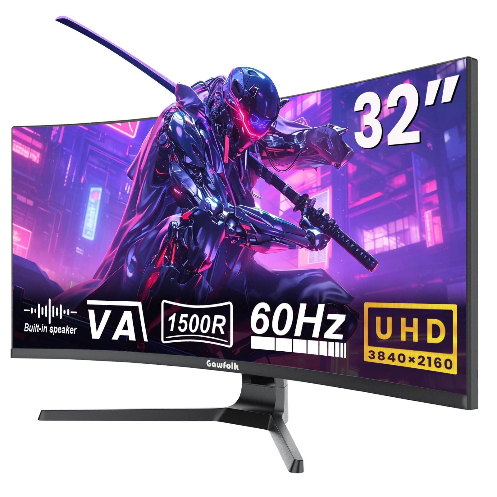 Gawfolk Monitor Curvo 32 Pollici 4K UHD (3840 x 2160), Pannello VA, 1500R, 60Hz Monitor PC con altoparlanti integrati, compatibile FreeSync e G‑Sync, 2× HDMI 2.0, 2× DP 1.4, VESA 100×100