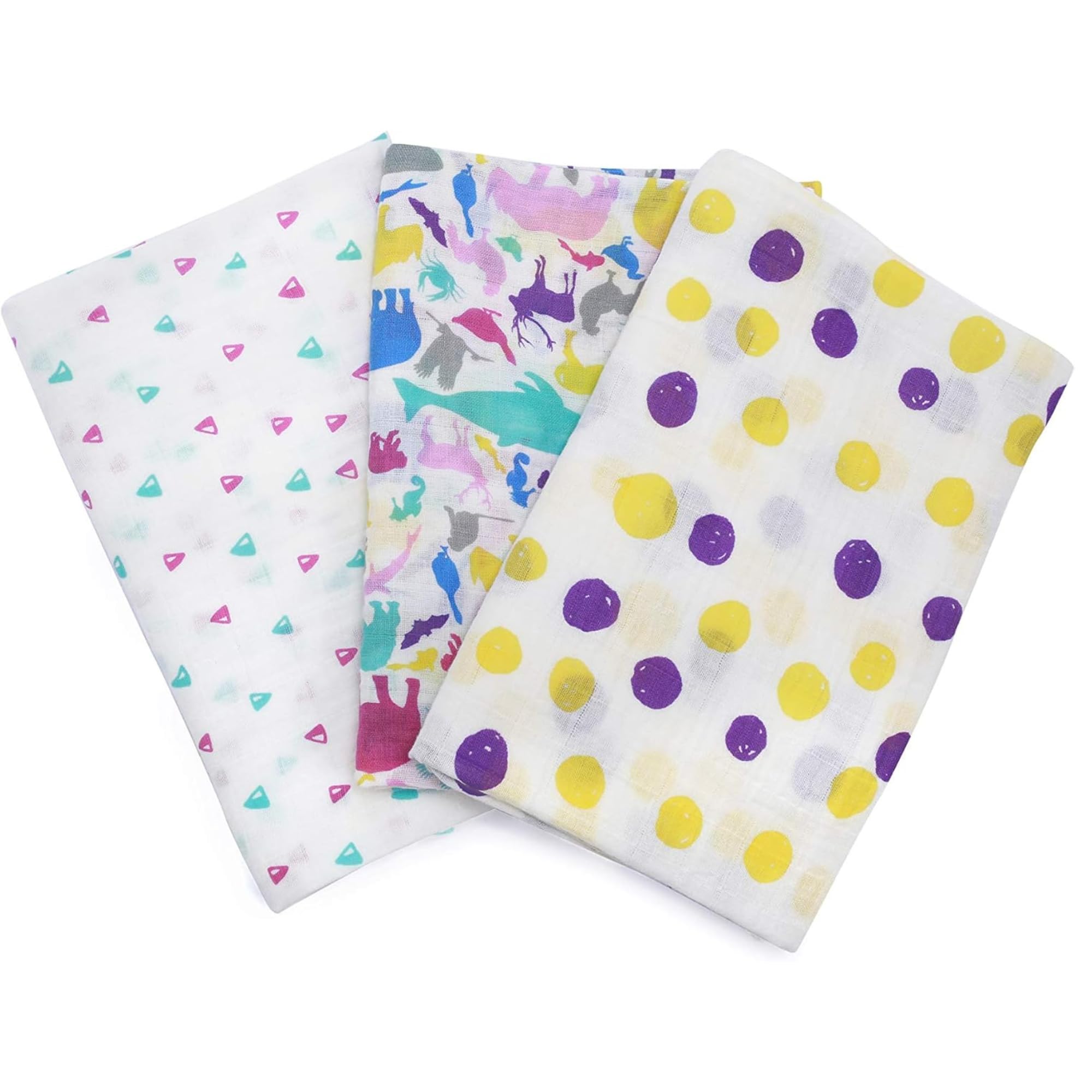 Children Muslin Squares Pack Swaddle Blanket (3 Pack) - 100% Organic Cotton Extra Large 120x120 cm, Purple Animals Design - Multi-use Baby Blanket, Comforter, Nursing Cover, and More