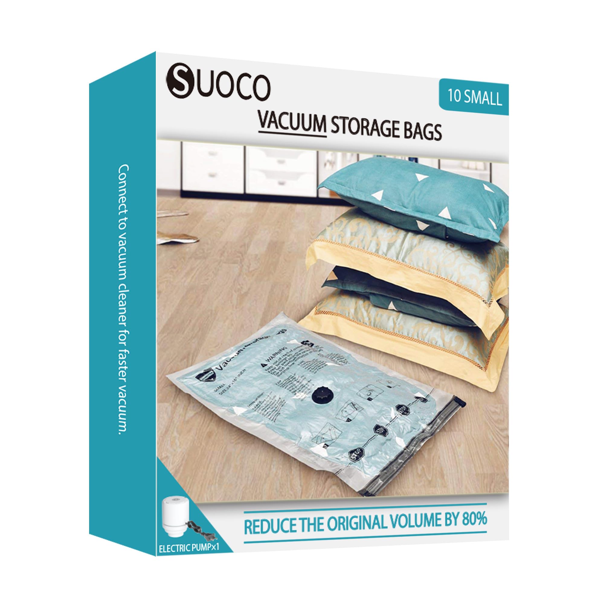 SUOCO sacs sous vide vetements avec pompe électrique, 10 petits, housse de compression de rangement sous vide pour vêtements, voyage, déménagement