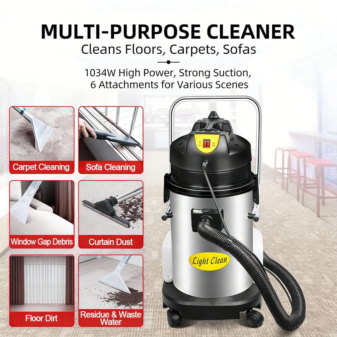 Máquina Limpiadora Profesional con Doble Depósito de Agua (Agua Limpia/Sucia), 1034W de Potencia y Mango Antideslizante, Diseñada para la Extracción Eficiente en Alfombras y Sofás 40L