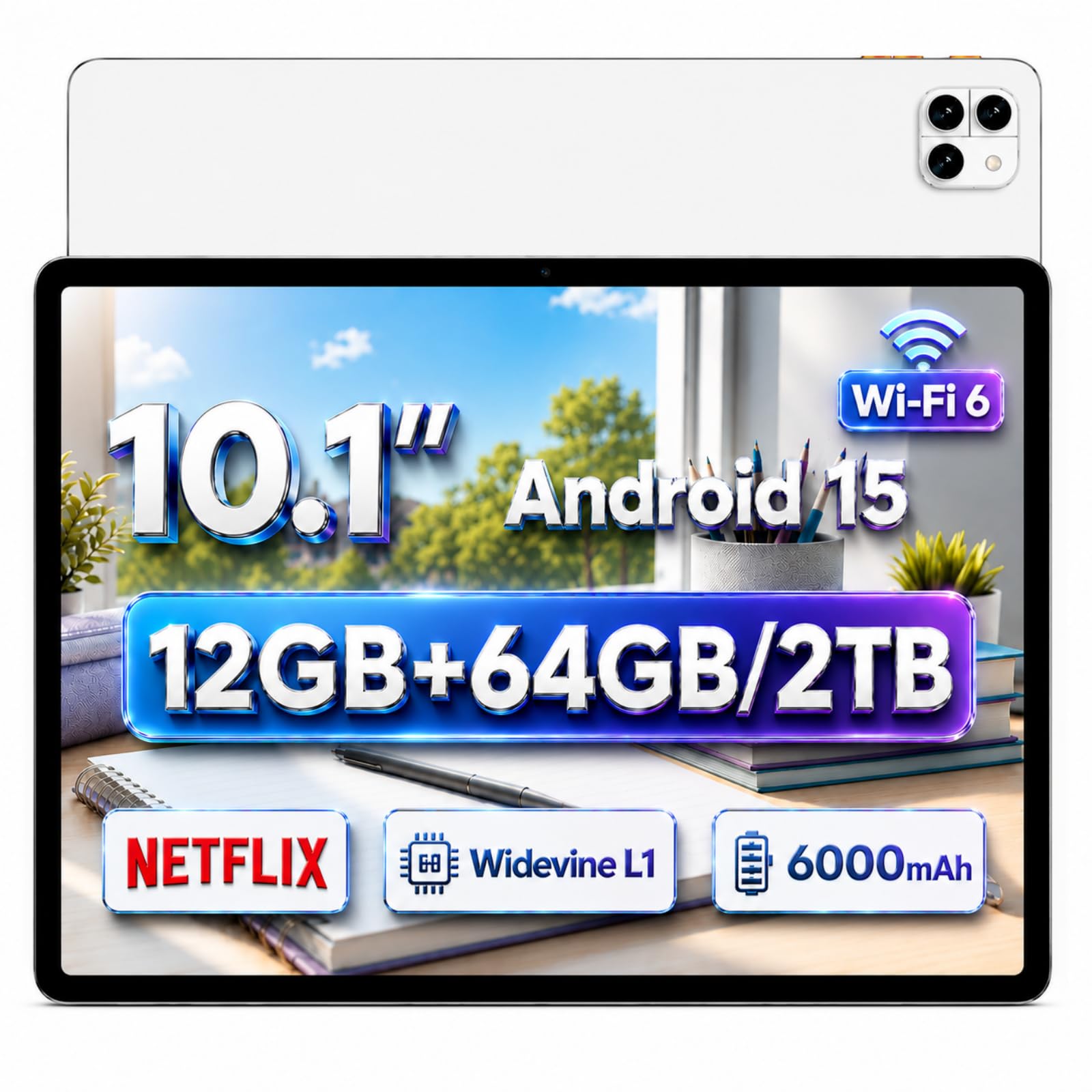 Tablet 10.1 inch Android 15 Tablet: 12GB RAM 64GB ROM 2TB Expand