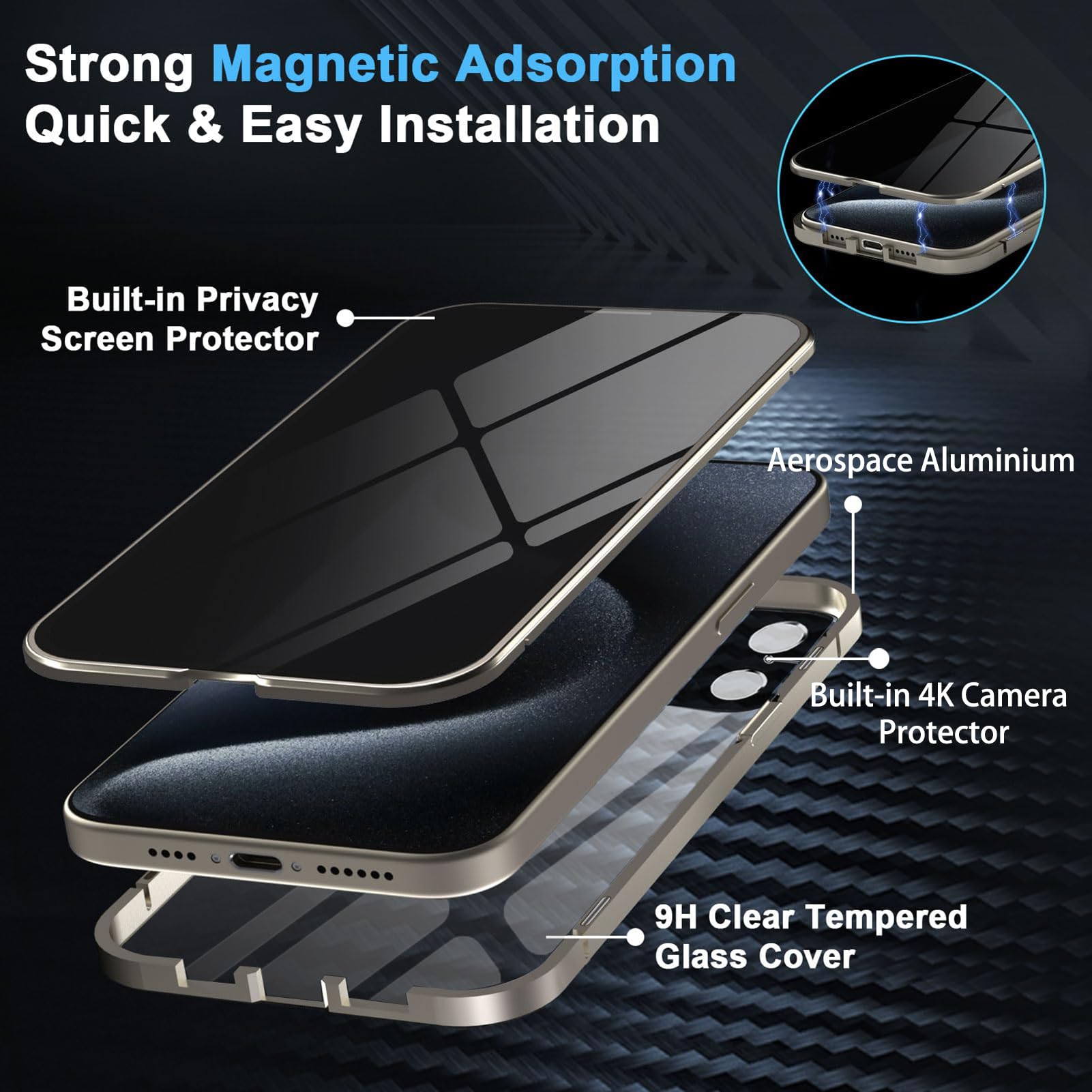 MIMGOAL Case for iPhone 16 Pro Max Anti-Peep Magnetic Cover,Privacy Tempered Glass Full Cover Built-in Camera Protector,360 Degree Front and Back Protection Metal Bumper Case - Image 2