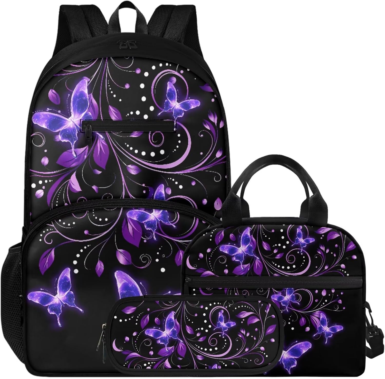 Kids School Backpack Set with Lunch Box & Pencil Case, Lightweight 16.9 Inch Backpack, Tote Bag with Shoulder Strap, Suitable for Elementary, Middle School, Purple Butterfly Flower Print