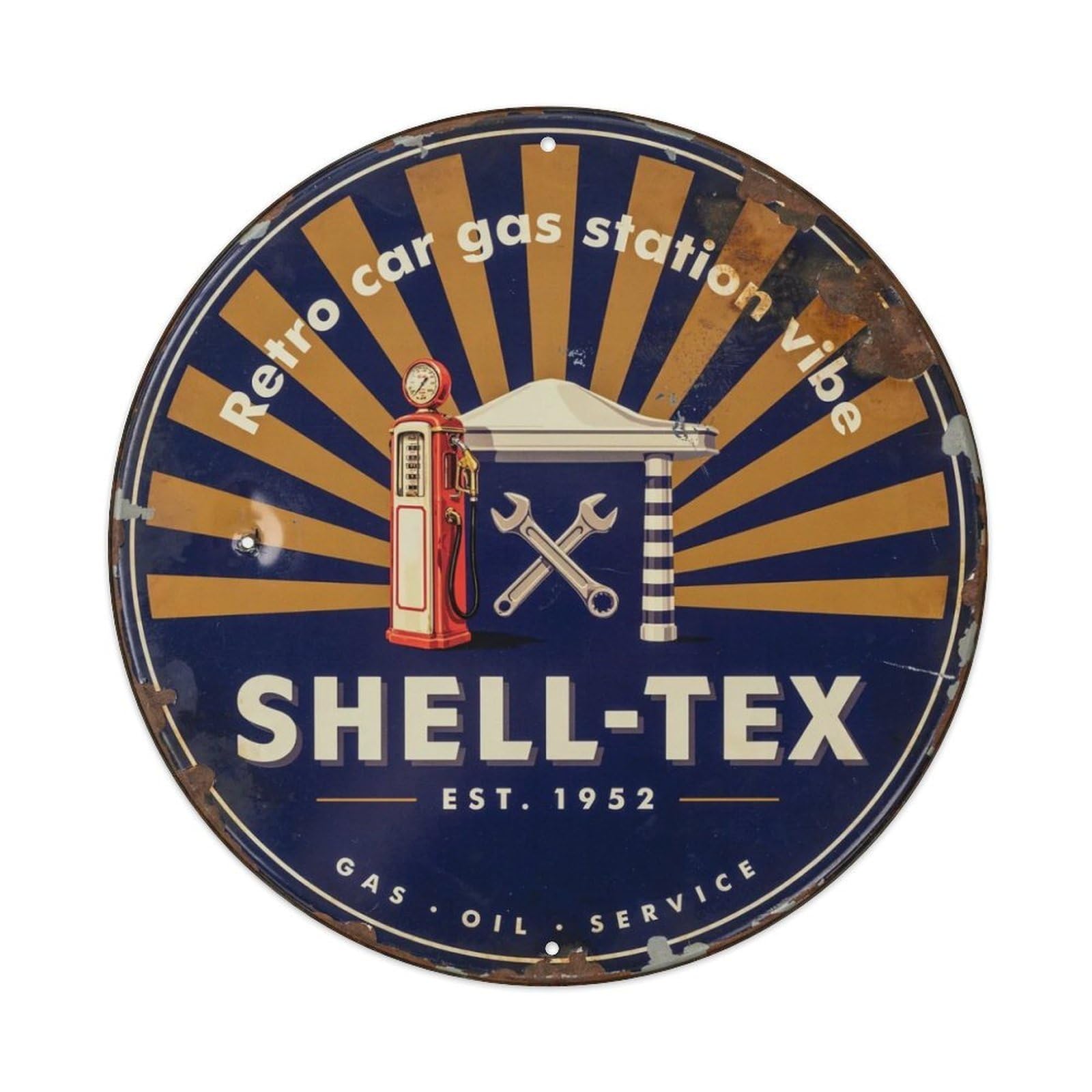 Retro Car Gas Station Vibe. Metal Tin Sign Plaque