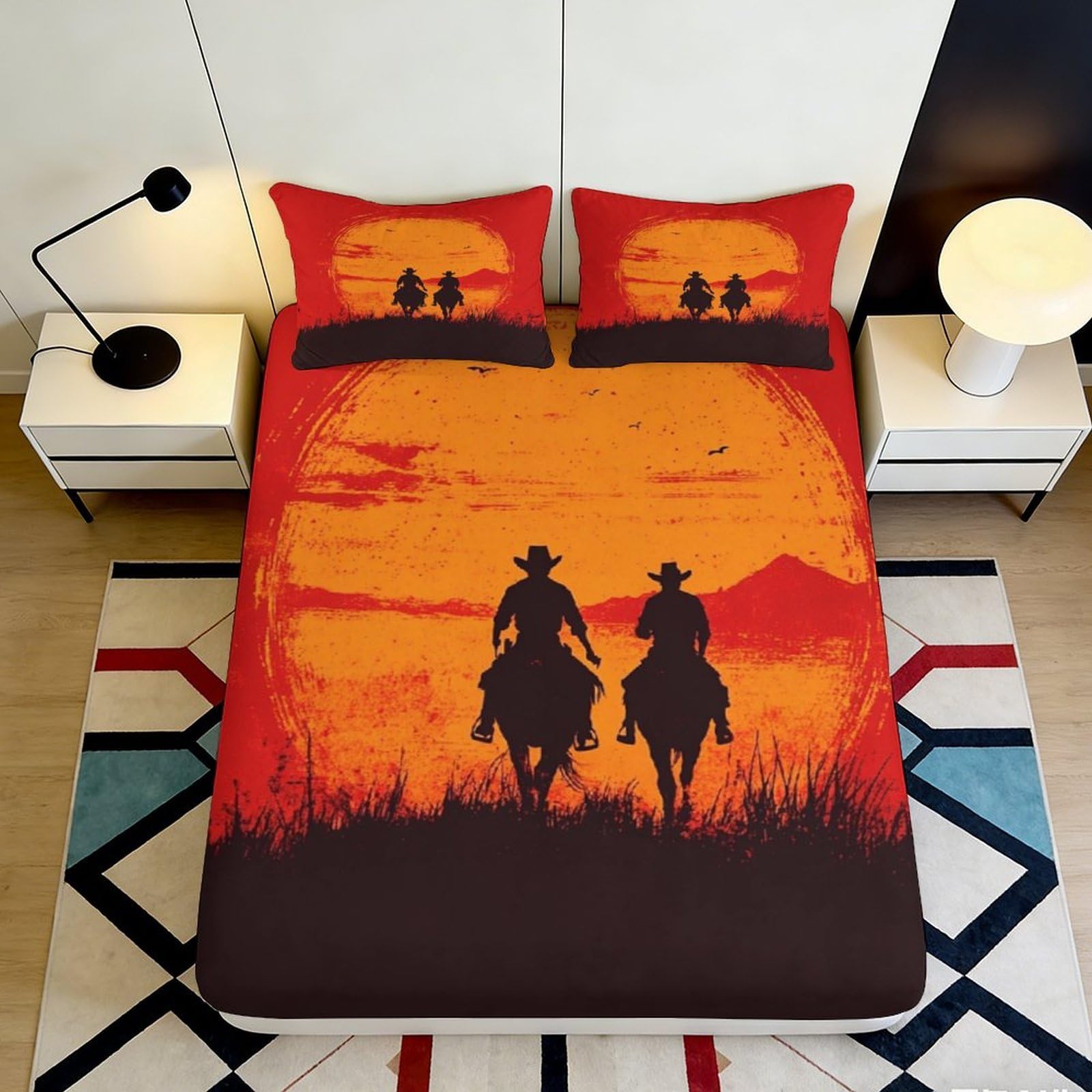 3D Printed Cowboy Sunset Fitted Sheet Microfiber Soft Western Riders Bed Cover for Bedroom Guest Room Decor 90x200x25cm