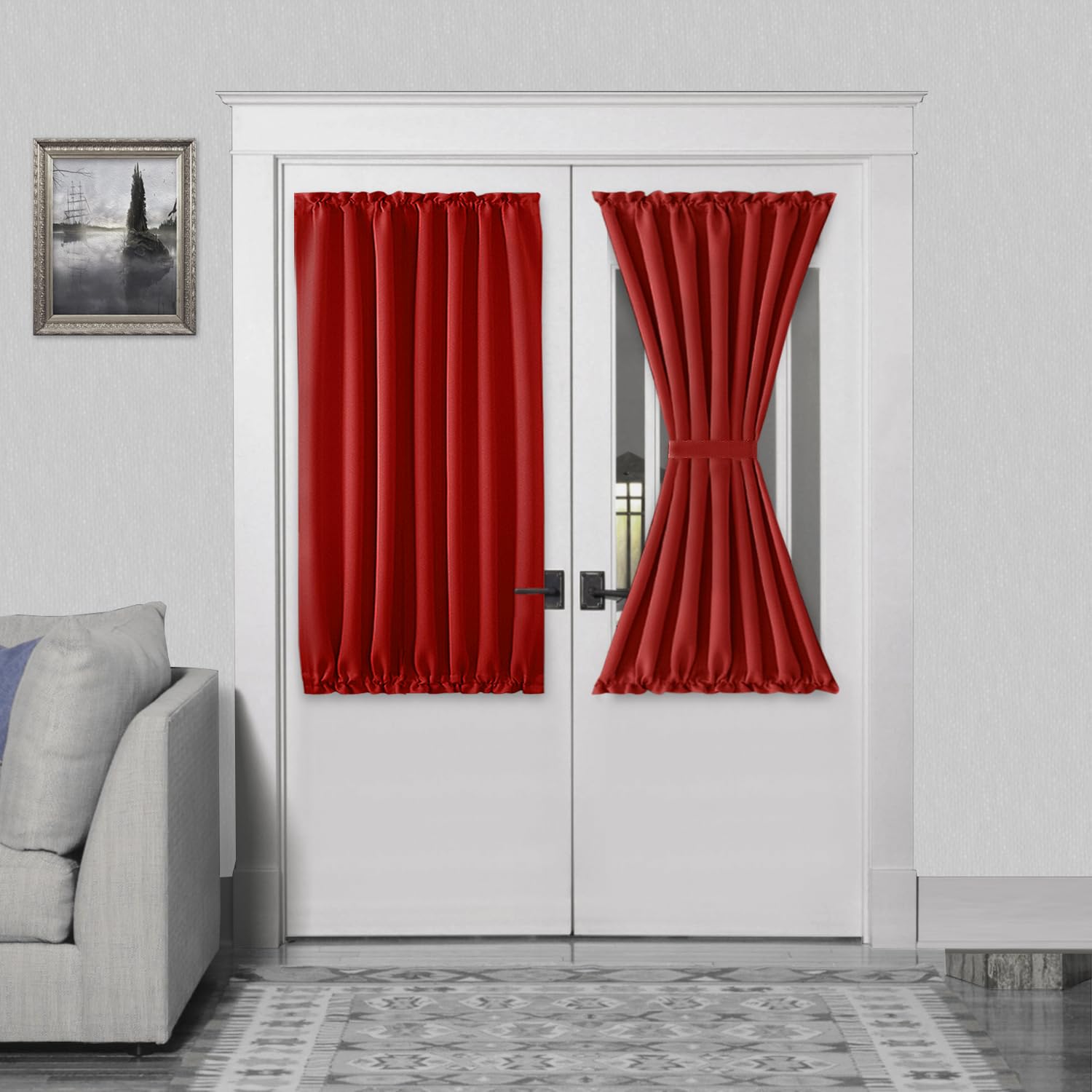 DWCN French Door Curtains – Rod Pocket Thermal Blackout Curtain for Doors with Glass Window, Kitchen and Patio Doors for Privacy, 54 X 40 Inches Long, 1 Curtain Panel with Tieback, Red — image 1