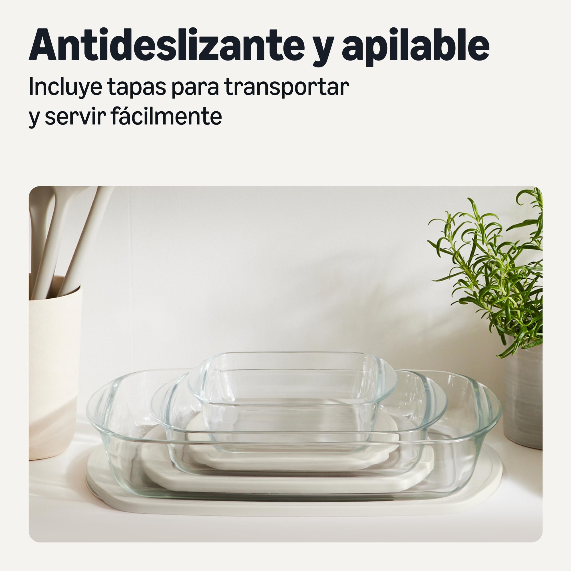 Amazon Basics Fuentes de Cristal para Hornear con Tapas sin BPA, Juego de 6 Piezas, Vidrio de Borosilicato, Aptas para Lavavajillas y Horno, Gris Lino