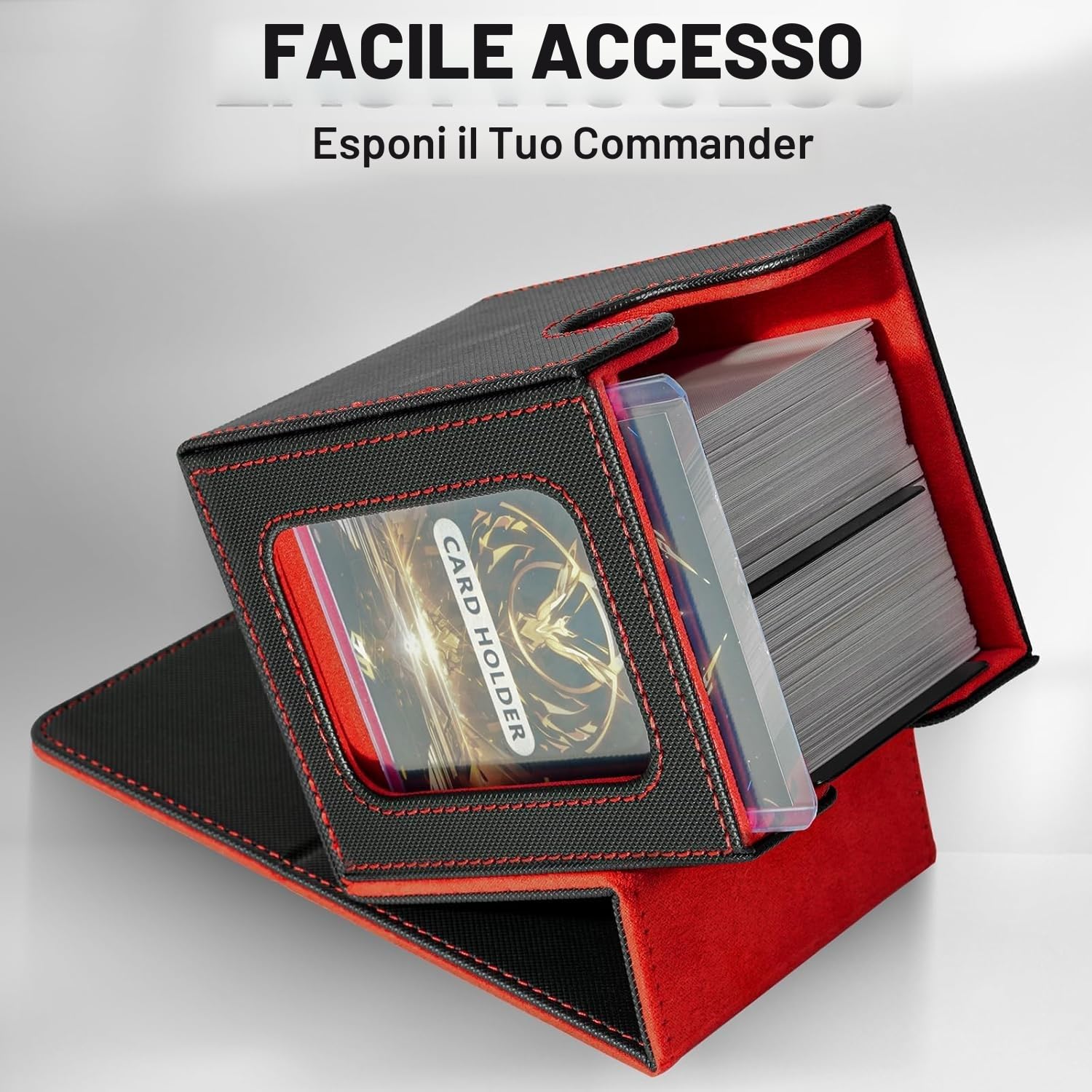 Deck Box con Due Divisori,Magnetic Flip Deck Box Magic mit Display per MTG Magic Commander TCG,Porta Deck Capacità di 100+ Carte,Pelle PU Deckbox,Nero Rosso