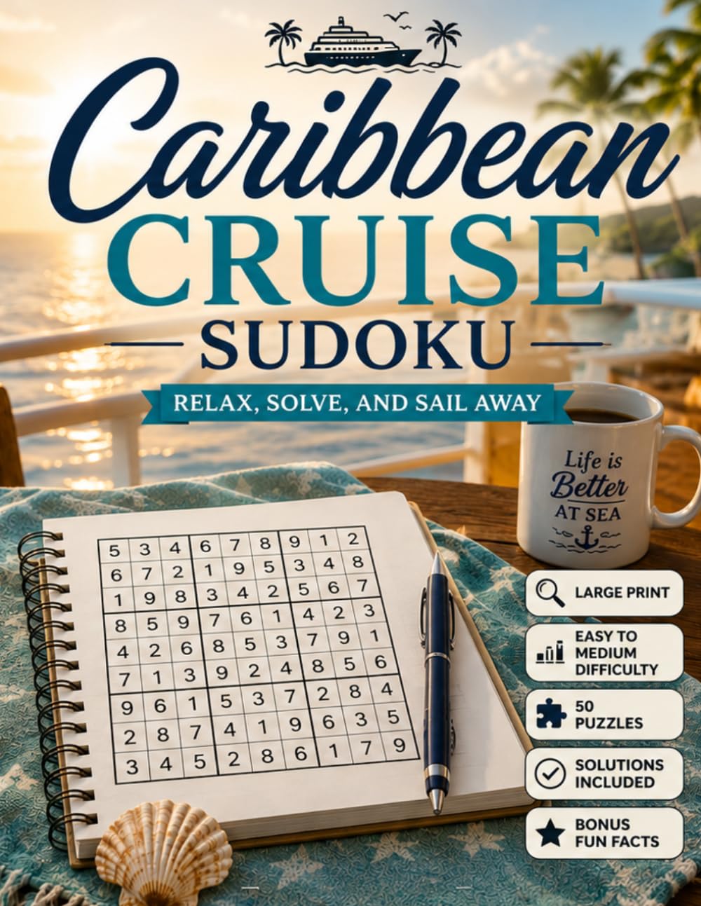 Caribbean Cruise Sudoku: Large Print Easy to Medium Sudoku Puzzles with Tropical Cruise Facts for Relaxation, Travel Days, and Ocean Escapes (Travel Escape Sudoku Series)