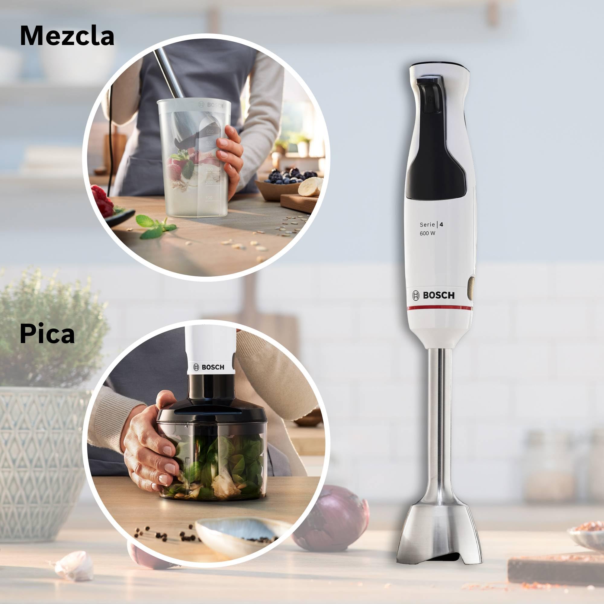 Bosch - Batidora de mano ErgoMaster Serie 4, 600 W, Control de velocidad con una mano, Cuchillas QuattroBlade, Vaso medidor incluido, Blanco, MSM4W220