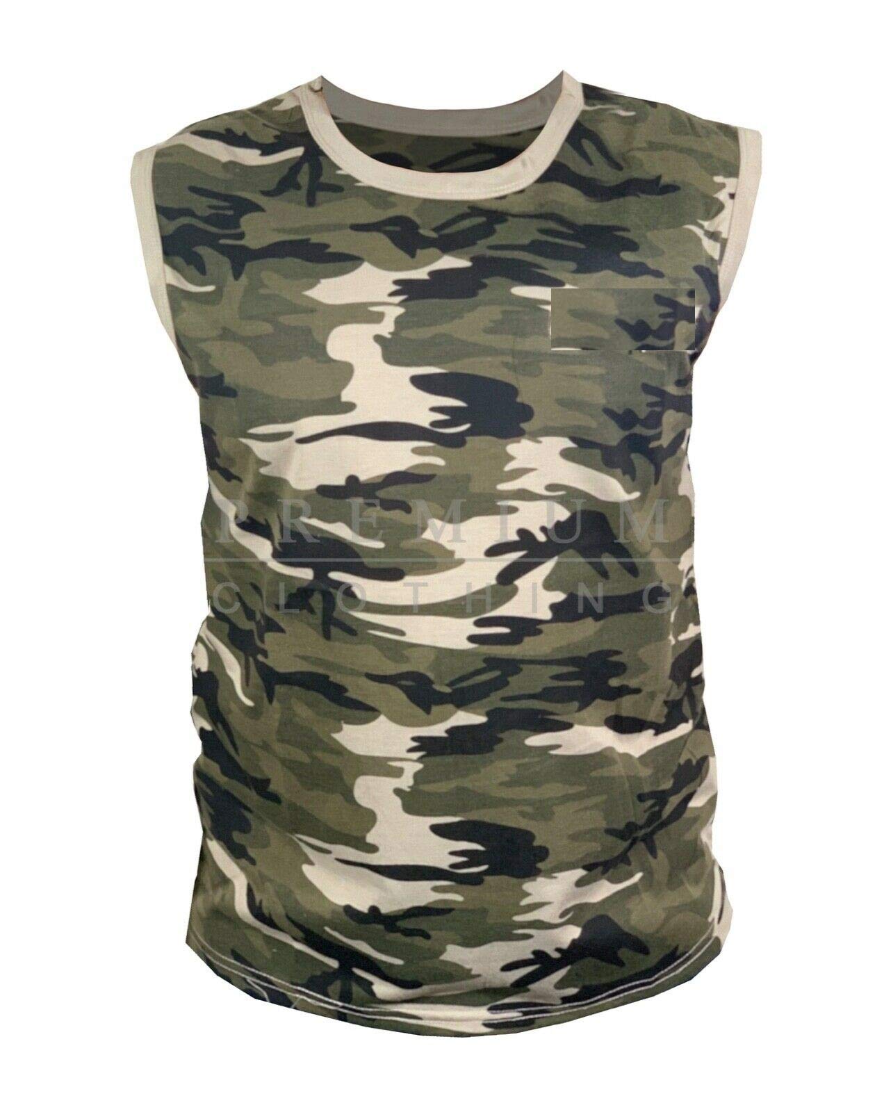 Mens Camouflage Vest Sleeveless Tank Top Training Gym Bodybuilding Vests Comfy Fit (MM - Beige/Green Camo, XL)