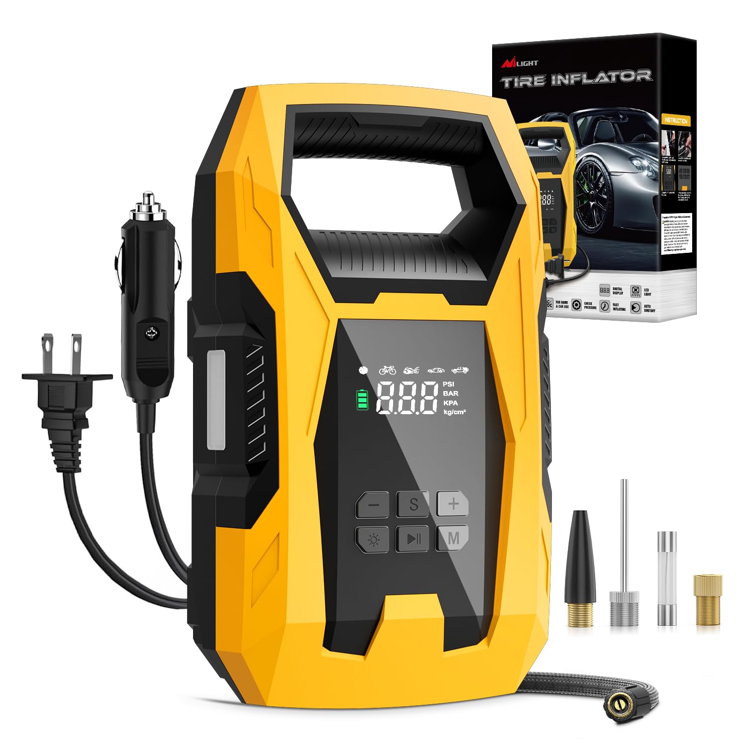 Nilight AC/DC Tire Inflator Portable Air Compressor Dual Power Supply 110V AC 12V DC 150PSI Fast Inflation Heavy Duty with LED Light Pressure Gauge Auto Shutoff Pump for Car Motorcycle Bicycle Ball