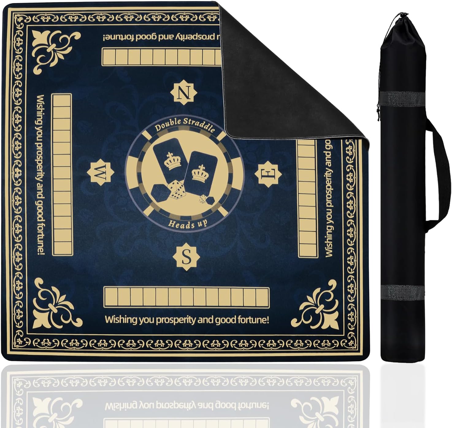 Upgraded Navy Blue & Gold Mahjong Mat 31.5x31.5 Inch - Non-Slip Rubber, Waterproof, Noise Reducing Table Cover for American & Chinese Mahjong, D20 Dice, Poker, Board Games with Carry Bag