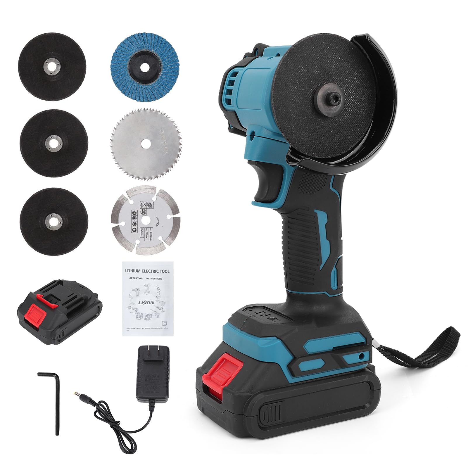 Weytoll Mini Amoladora Angular, 21 V Amoladora Profesional Inalámbrica, 10 000 rpm/76 mm, 2 Baterías y 7 Discos de Corte para Cortar, Pulir y Lijar