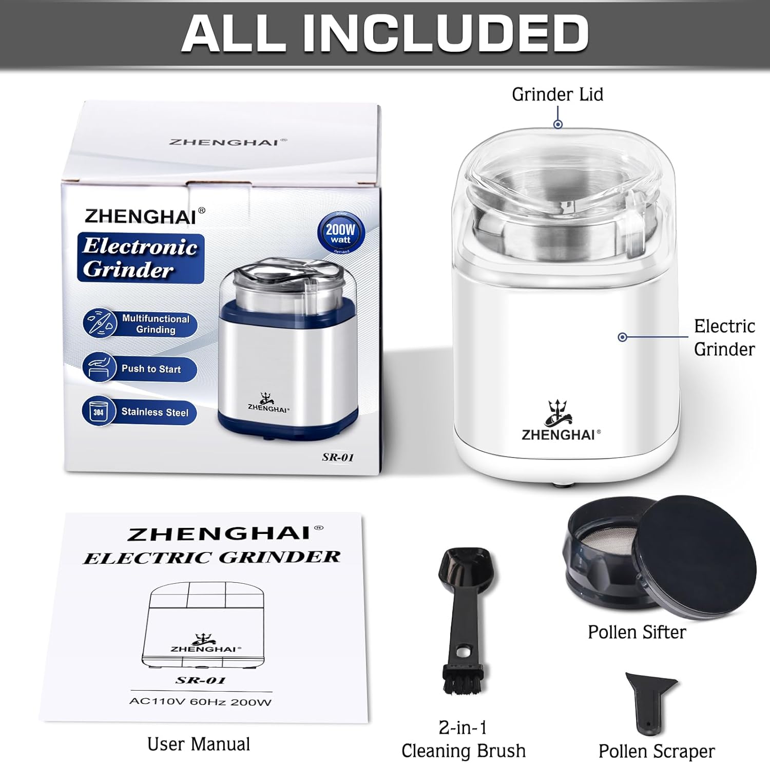 Electric Herb Grinder 200w Spice Grinder Compact Size, Easy On/Off, Fast Grinding for Flower Buds Dry Spices Herbs, with Pollen Catcher and Cleaning Brush 1.7oz Capacity (White)