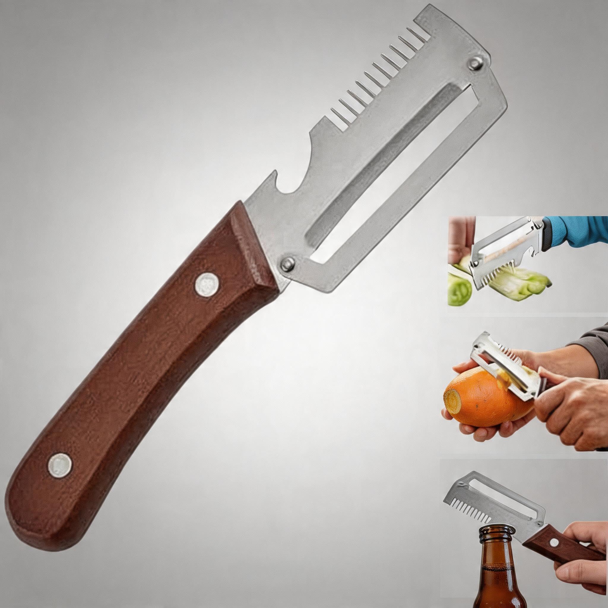 Strumento multifunzionale per cucina 3-in-1 Pelapatate Affettacipolle Apriscatole in acciaio antiruggine manico ergonomico legno
