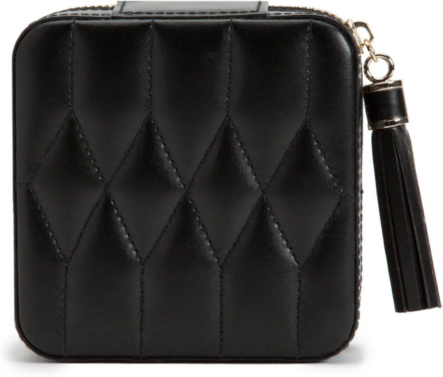 WOLF Caroline Zip Travel Case, Black - Seven Ring Rolls, Four Compartments, Three Necklace Hooks & Pocket - Anti-Tarnish LusterLoc Lining