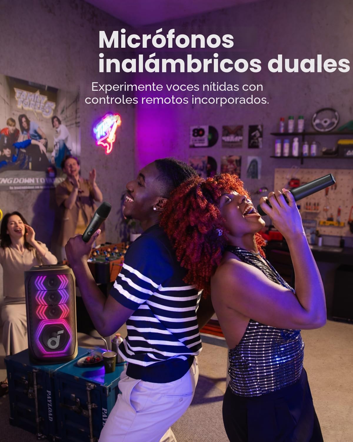 Soundcore Rave 3S Altavoz Bluetooth para Karaoke 200 W | 2 micrófonos inalámbricos, eliminación de voz con IA, potenciador de voz, reverberación y luces, 12 h