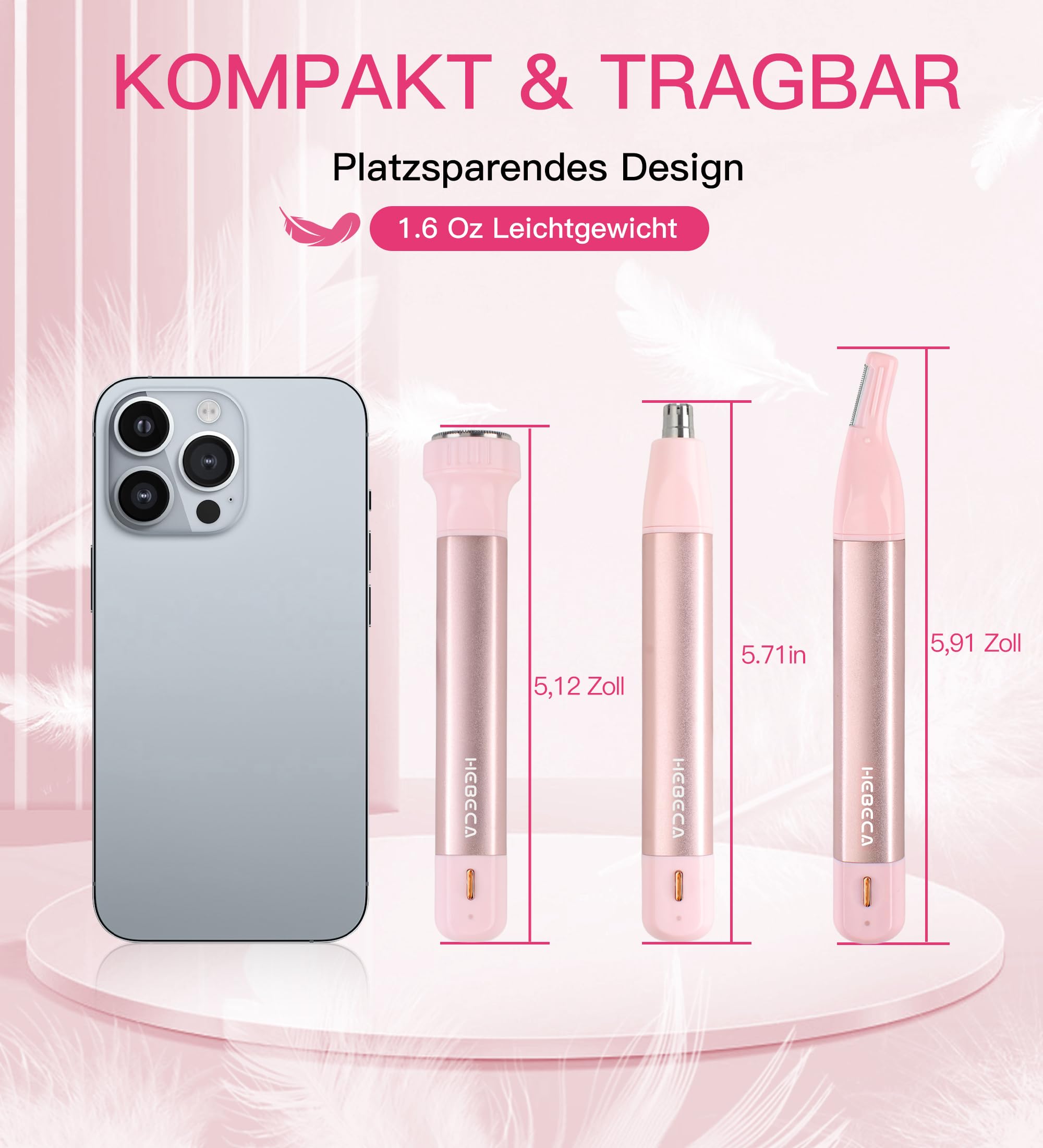Nasenhaarschneider für Frauen, 3-in-1 Gesichtshaarentfernungstrimmer, wasserdicht, tragbar, wiederaufladbar über USB, mit Reisetasche