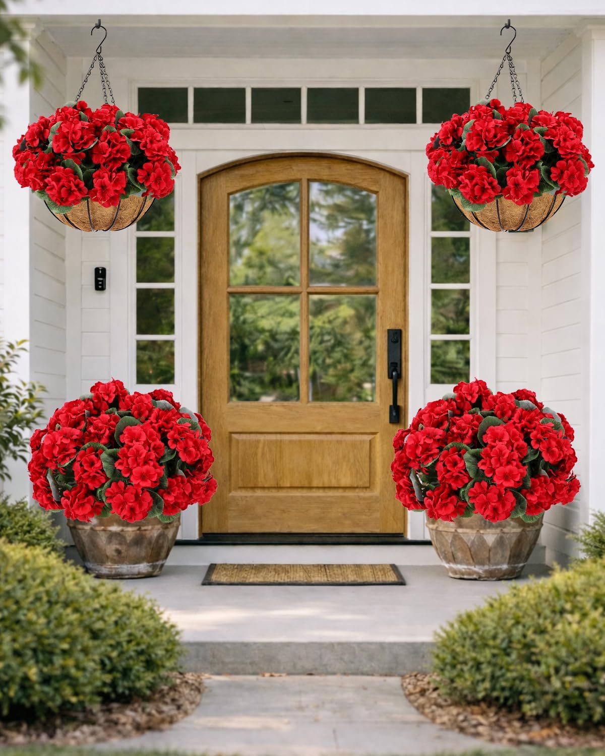 Artificial Flowers for Outdoors – 12 Bundles of UV-Resistant Artificial Geraniums, Realistic Silk Flowers for Front Porch, Patio, Garden, Window Boxes & Hanging Baskets (Red, 12)