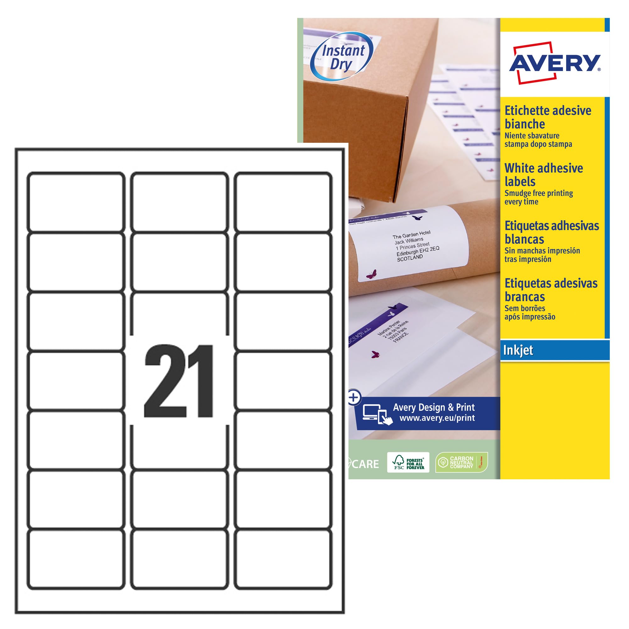 AVERY J8160-25 - 525 Adhesive Address Labels Customisable White 63.5 x 38.1 mm. Printing: Inkjet