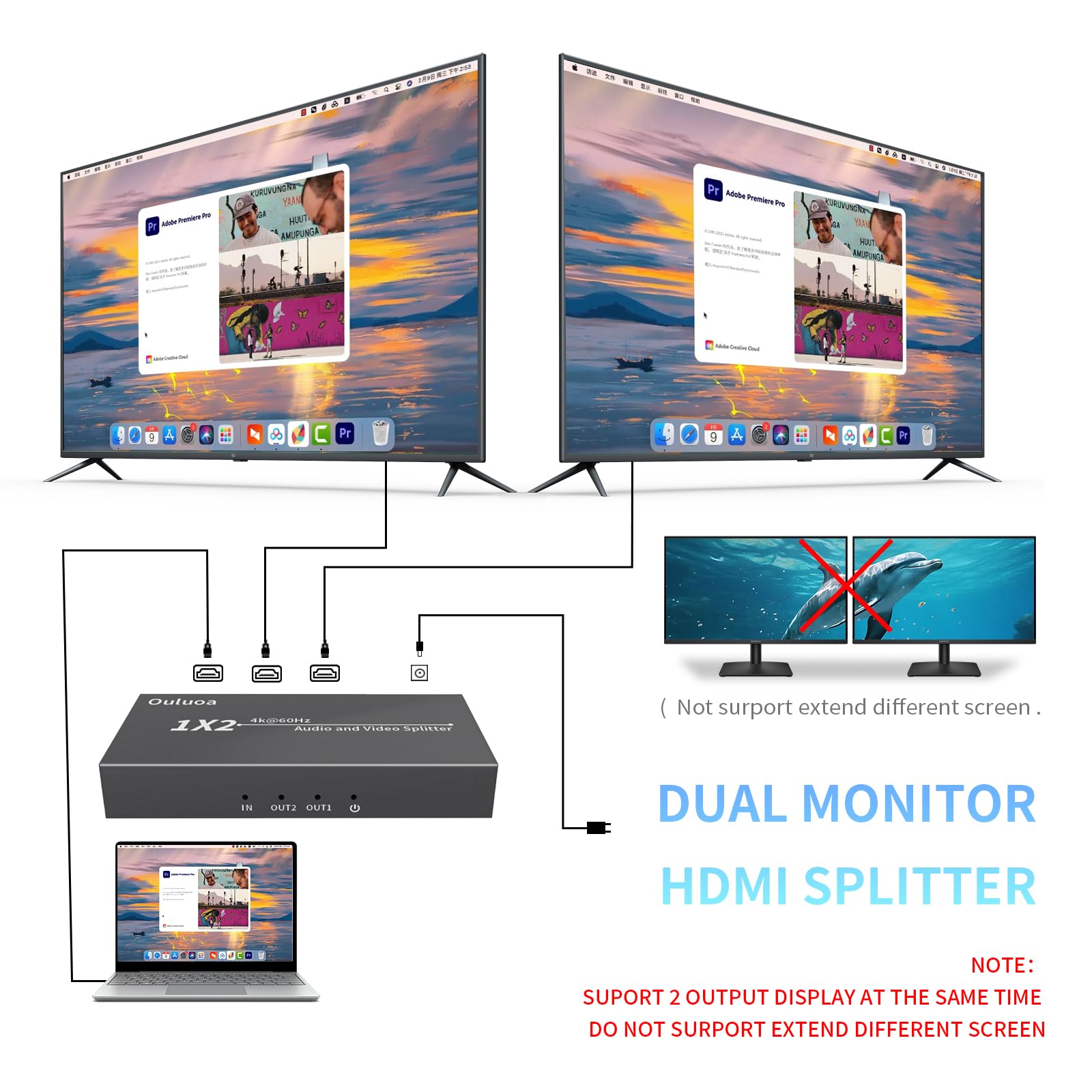 Splitter HDMI 1 in 2 Out 4K60@HZ, EDID, Duplicate/Mirror 4K, scatola di distribuzione audio video, supporto 3D e 4K x 2K, compatibile per HDTV, laptop, DVD, PS4/PS5, proiettore, ecc