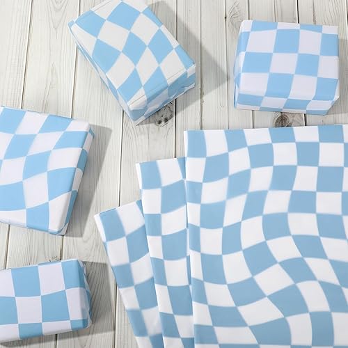 Miniatura 3 de JarThenaAMCS 100 hojas de papel de seda ondulado de tablero de ajedrez azul, papel de regalo de cuadros, papel decorativo para manualidades,