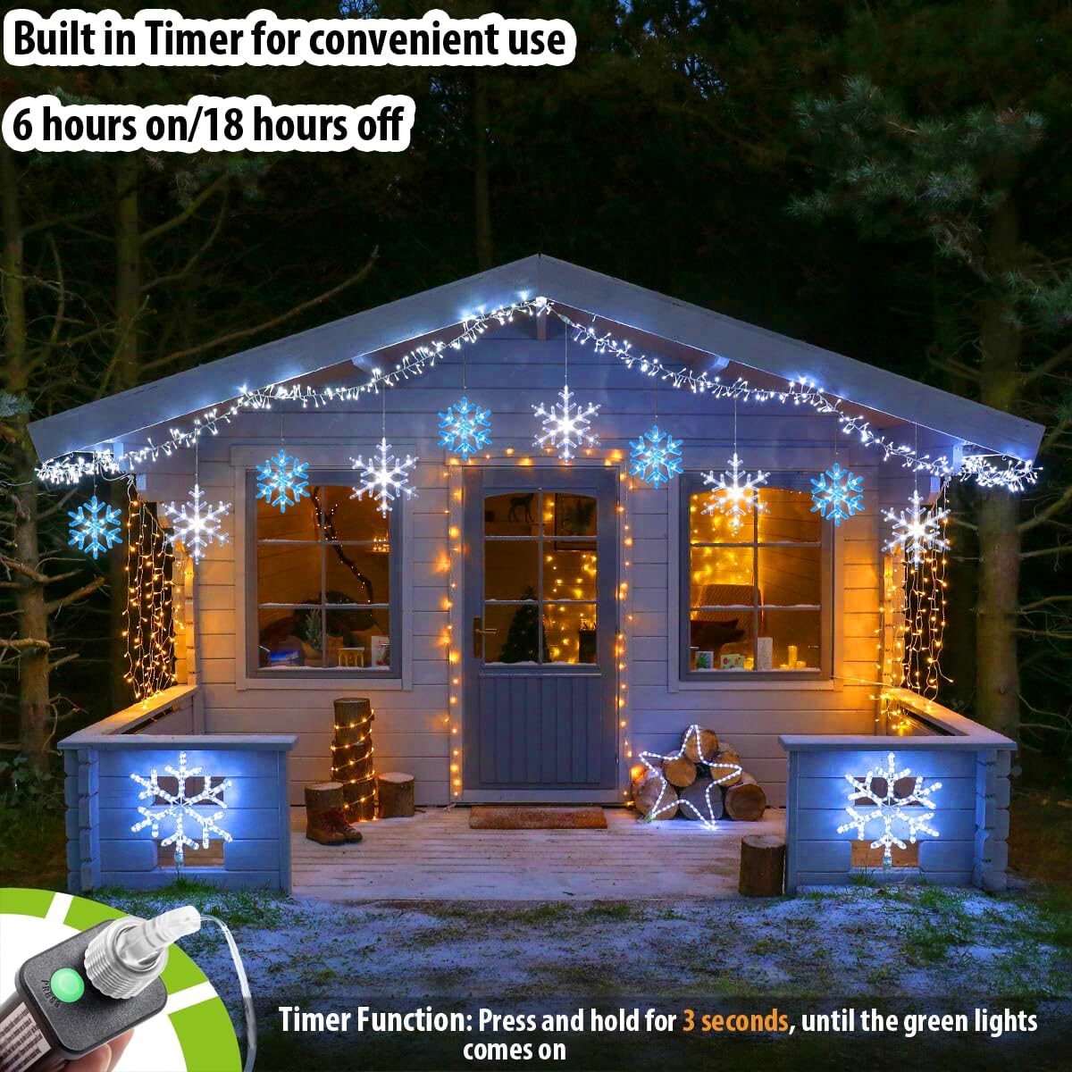Christmas Snowflake Icicle Lights-9ft 150LED Twinkling Christmas Lights with Timer, Waterproof Connectable Hanging 10 Drop for Eave Window Porch Xmas Indoor Outdoor Decoration (Blue and White)