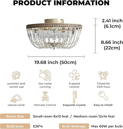 Miniatura 2 de Ventilador de techo enjaulado de cristal con montaje empotrado, ventilador de techo de cristal de 20 pulgadas con luz y control remoto, ventiladores