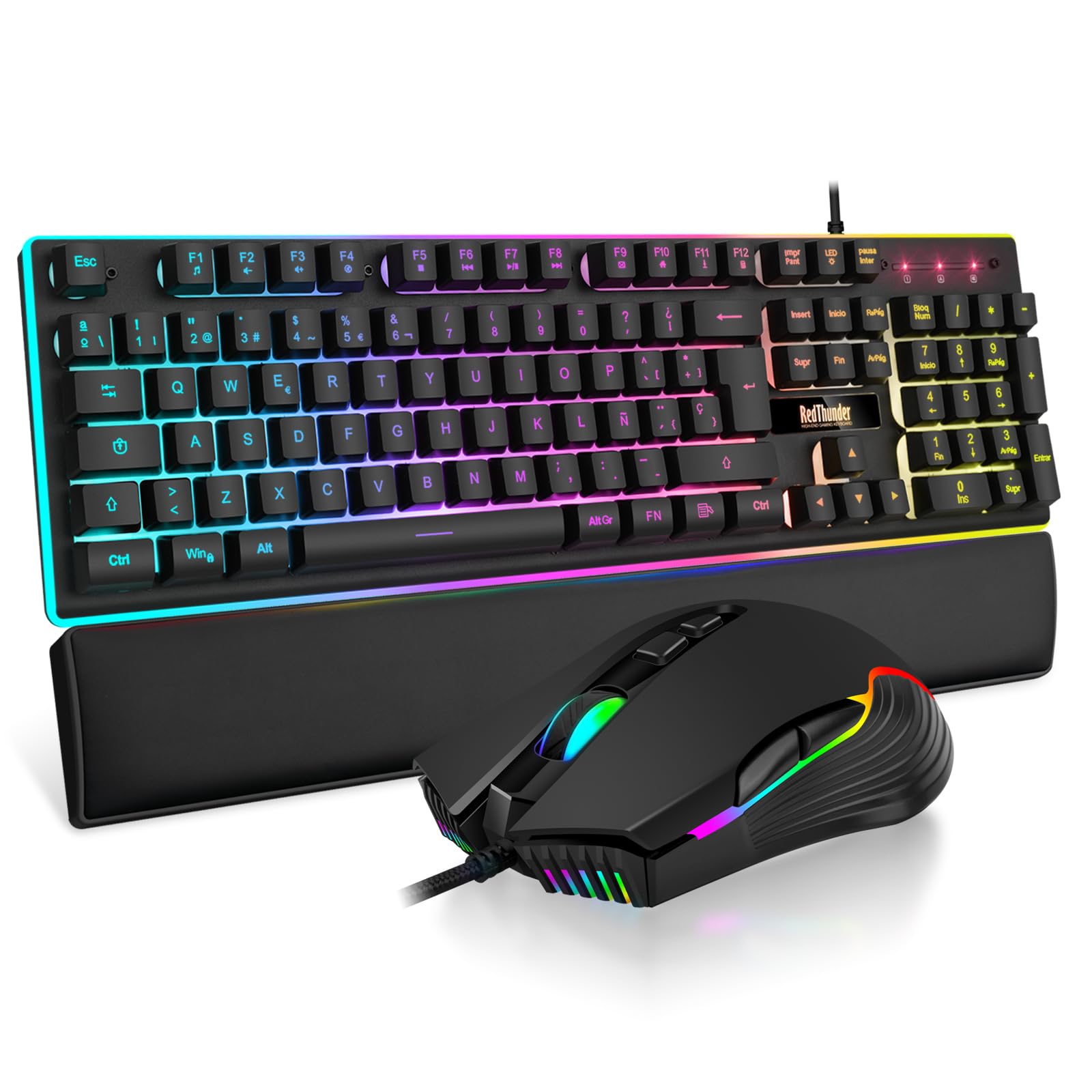 RedThunder K10 3 in 1 Leather Keyboard, Mouse and Wrist Rest Set, RGB Backlight + Mechanical Touch, Anti-Ghosting Keys + 7D Mouse 7200DPI, Spanish Layout, Compatible with PC/PS5/Xbox Black
