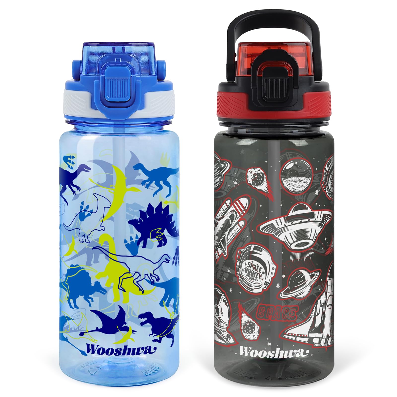 omedecal 2Pcs Kids Water Bottles, 600ml BPA Free Water Bottle with Straw and Handle, Childrens Sports Drinks Bottle, Personalised Cup for Boys Girls, School (Dinosaur+Spacecraft)