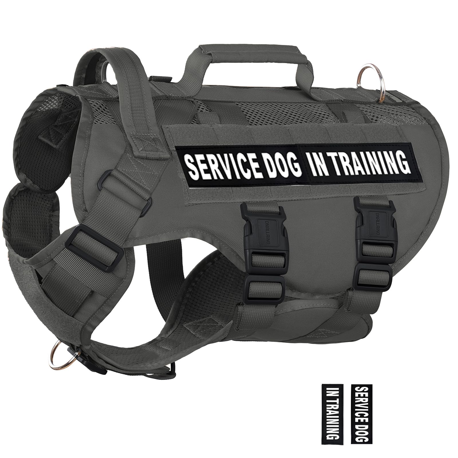 DNALLRINO Service Dog Vest for Large Dogs, Grey Tactical Harness with Military MOLLE, Breathable Mesh & 39g Metal Buckle - Size L for Training &