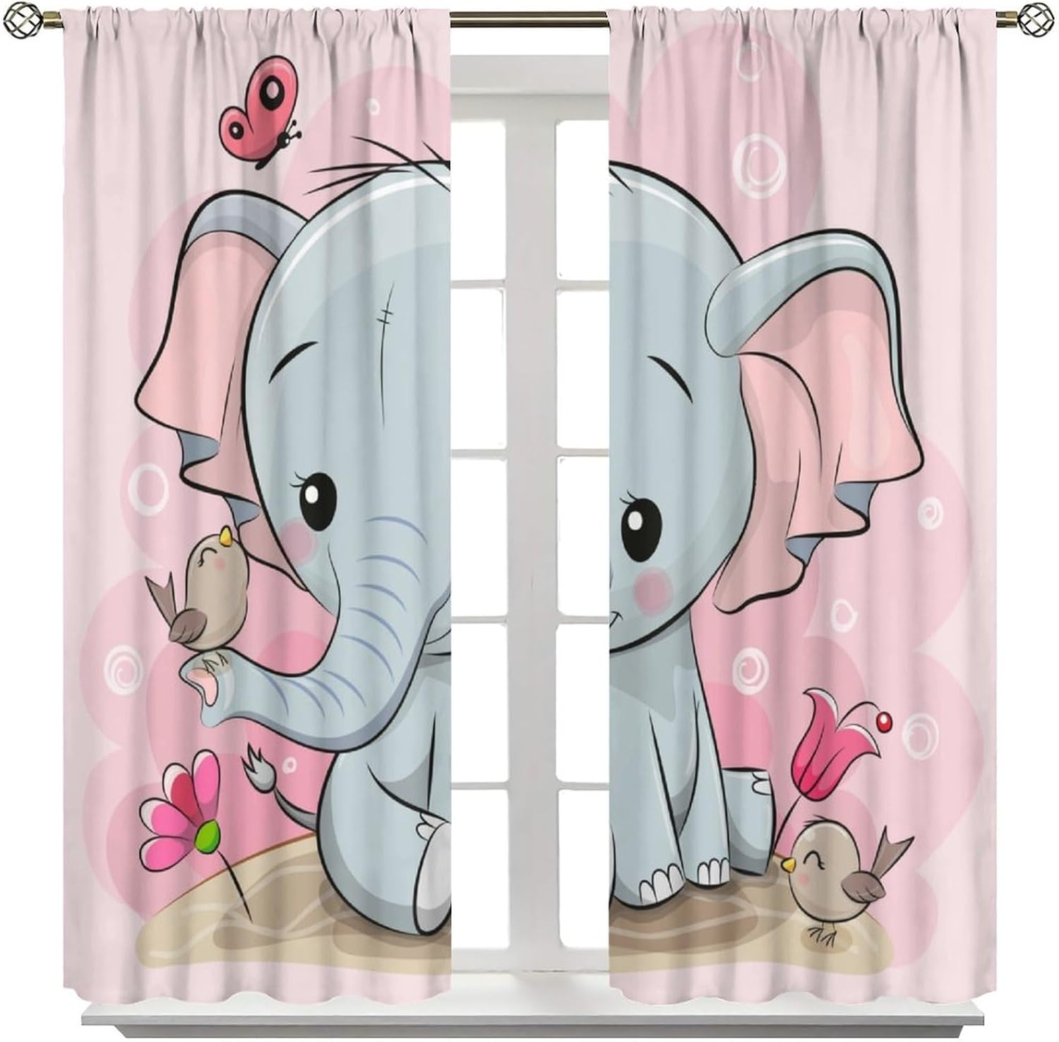 Cartoon Elephant Curtains Cute Baby Elephant Birds Butterfly Pattern for Kids Room Decoration Blackout Print Rod Pocket Window Drapes for Bedroom Living Room 42x45in