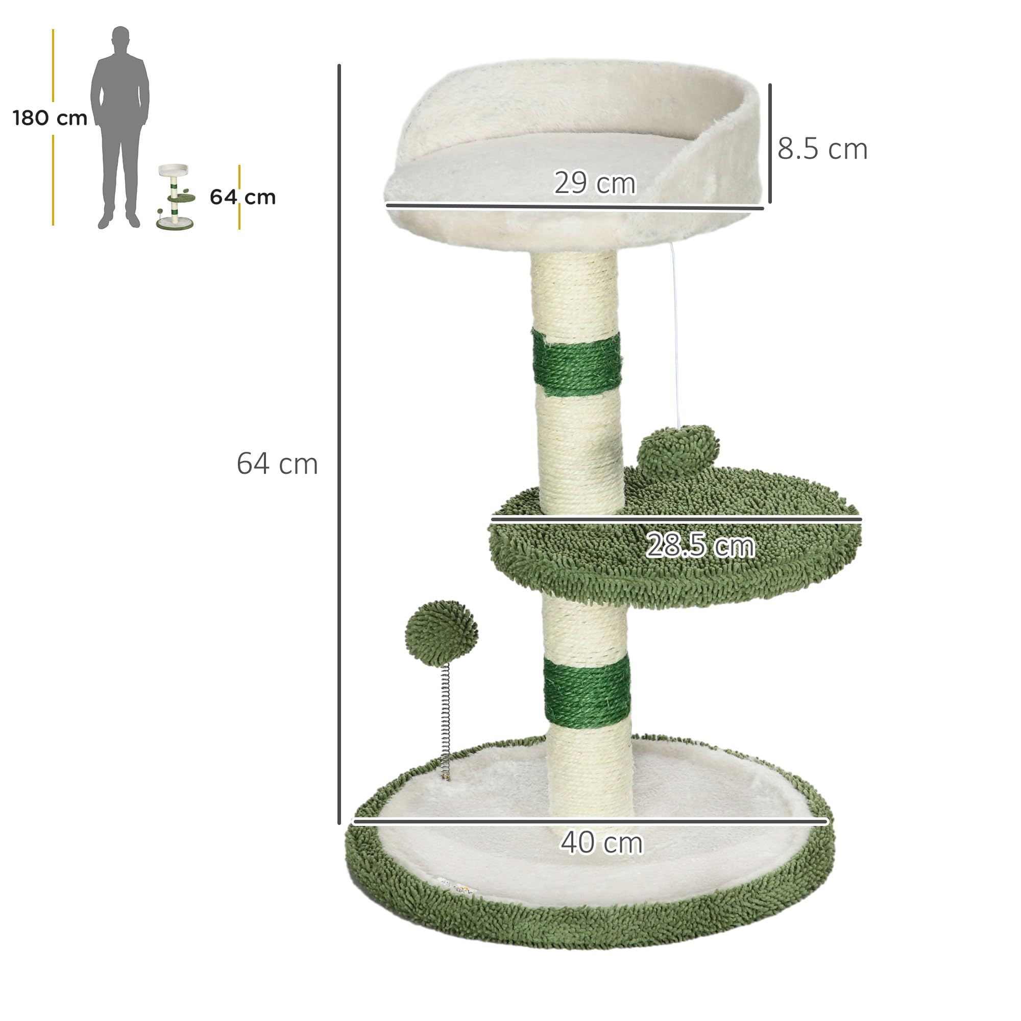PawHut Arbre à Chat griffoir avec lit 2 balles Vert & Blanc | Plateforme, poteau en sisal, gym pour chat, revêtement chenille & peluche