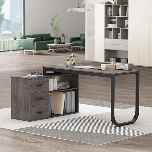 AGOTENI Escritorio esquinero en forma de L para computadora de oficina en casa con 3 cajones y 2 estantes, mesa de estudio grande de 55 pulgadas con