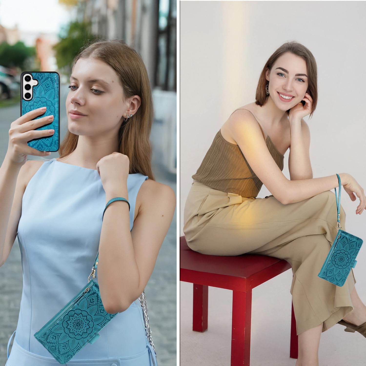 Harryshell Compatible with Samsung Galaxy S25 Wallet Detachable Magnetic Phone Case Wireless Charging [RFID Blocking] Card Slots, Cash Zipper Pocket Wrist Strap (Floral Blue Green)