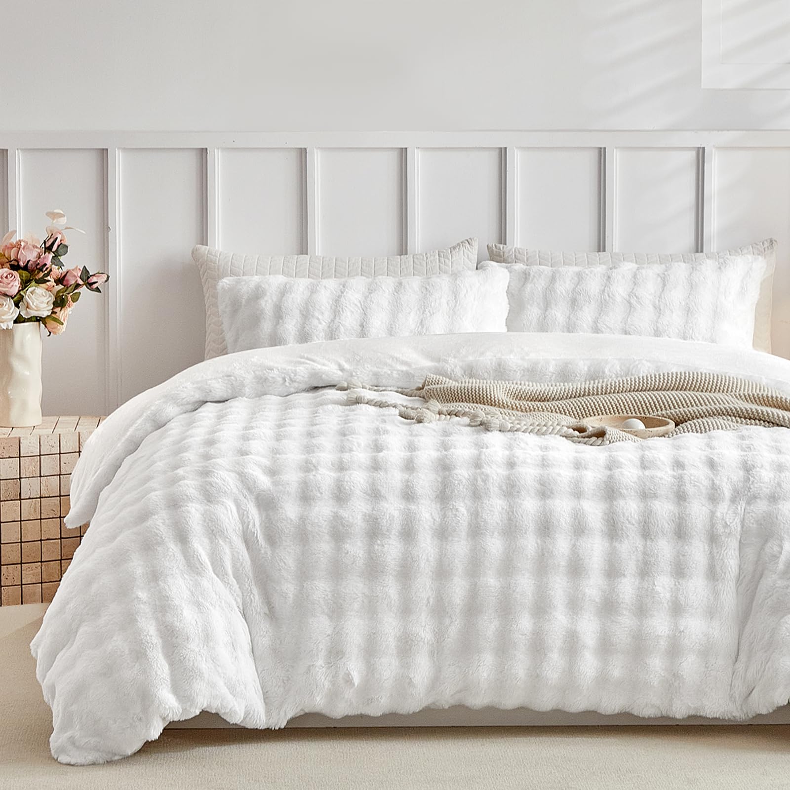 Tokokimo White Fleece King Comforter Set,Super Soft Faux Fur Comforter King Size,White Bedding Set-image-12