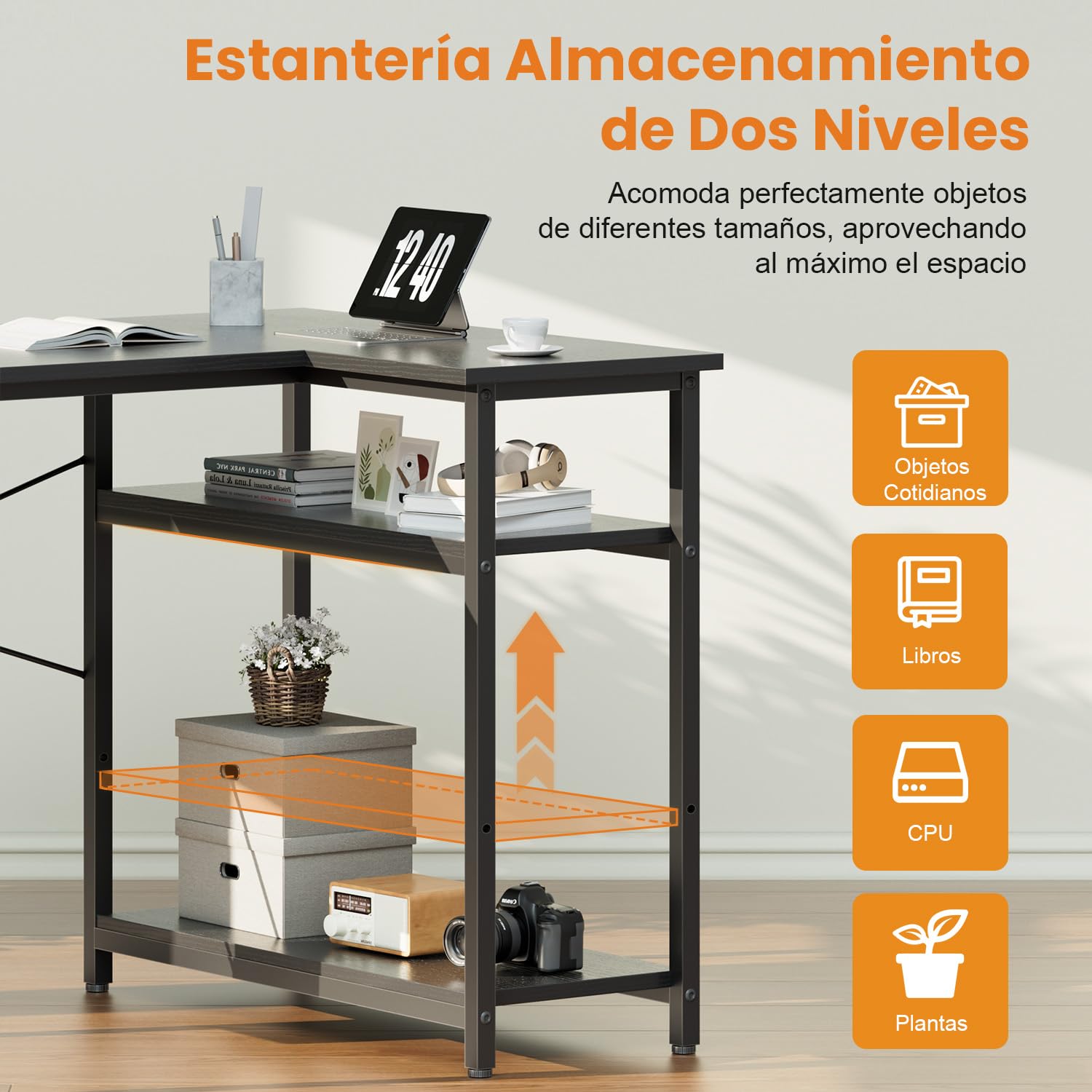 SOLAVERO Escritorio Esquinero 110 x 80 cm, Mesa Gaming con Estante Reversible, Escritorio en L con Almacenamiento, Mesa Ordenador para Oficina en Casa, Estudio y Juegos, Negro