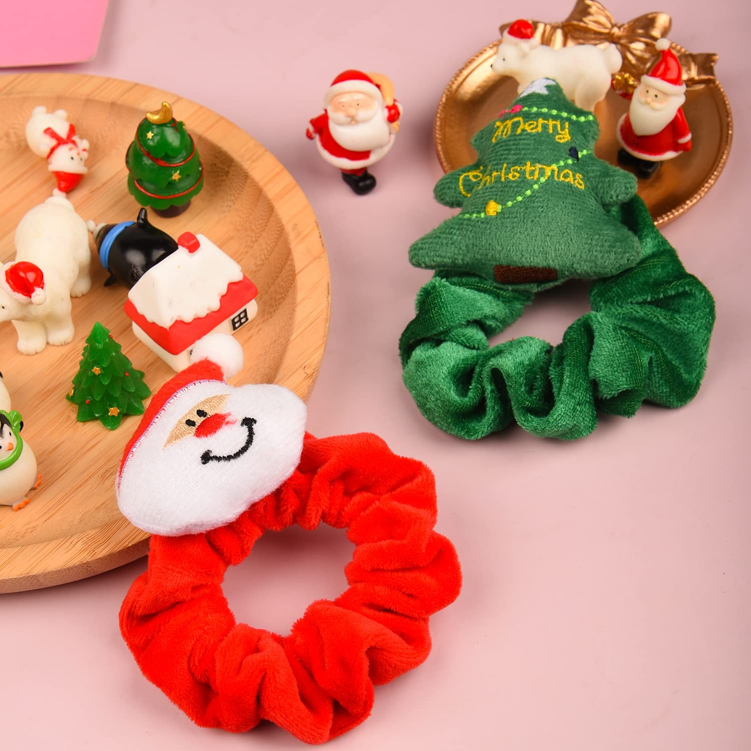 AOVNA 6 Pack Christmas Hair Scrunchies Christmas Tree Elk Santa Velvet Elastic Hair Bands, Brown,Green,Red, 6 count (Pack of 1) - Image 2